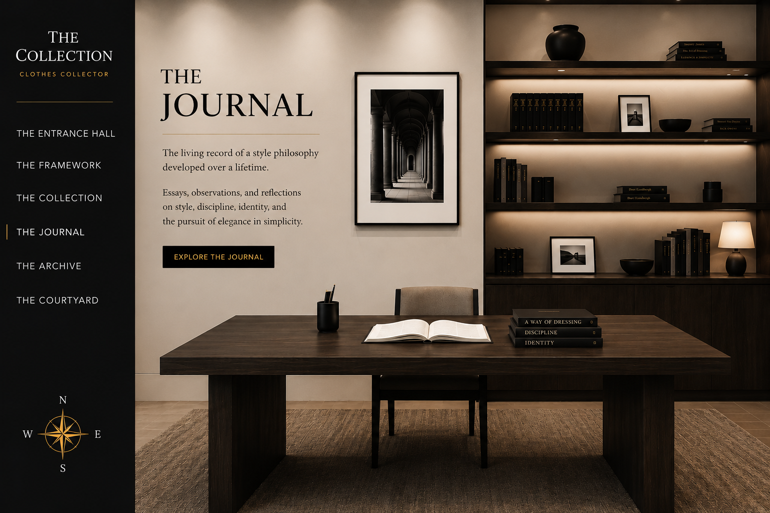 Interior of a modern room with a large wooden desk, open book, black pen holder, and a stack of black books on the desk. Behind, a bookshelf with black books, framed photographs, and a small lamp. On the wall, a large framed black-and-white photograph of an arched hallway. To the left, a vertical black panel with navigation text about a clothing collection and a compass illustration.