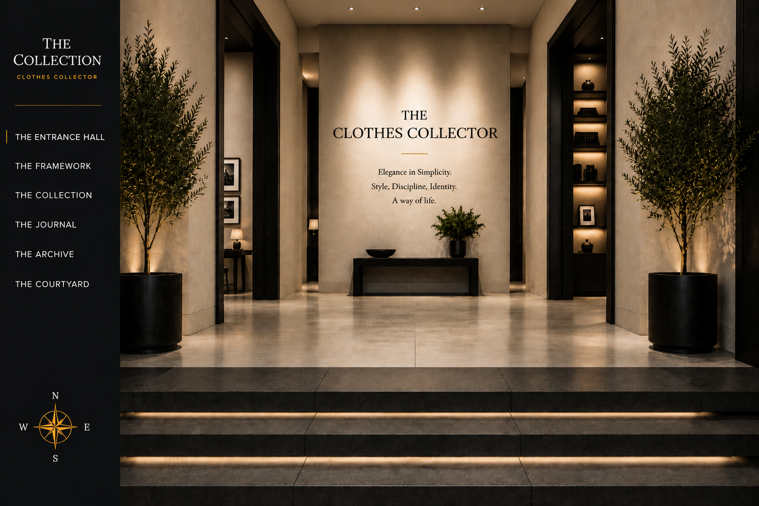 Elegant hotel entrance hall with potted plants, a decorative wall, and a wooden bench, showcasing modern and minimalist design