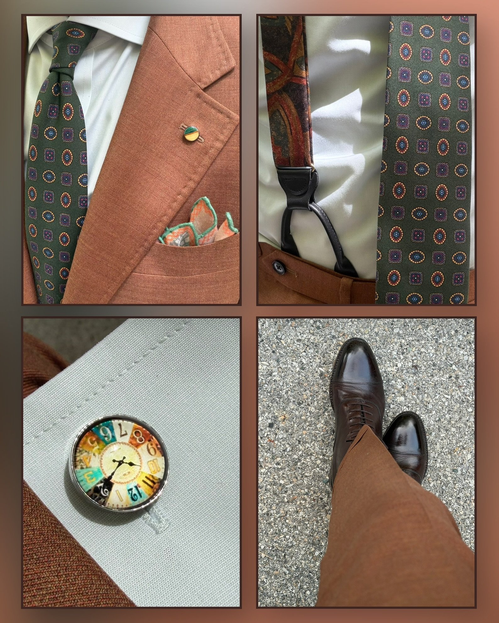 A collage of four images: the first shows a close-up of a man in brown suit and patterned tie, with a pocket square; the second shows a close-up of a patterned bag strap and a white bag; the third shows a wristwatch with colorful numbers on a white surface; the fourth shows a top-down view of a person in brown shoes and brown pants standing on a speckled pavement.