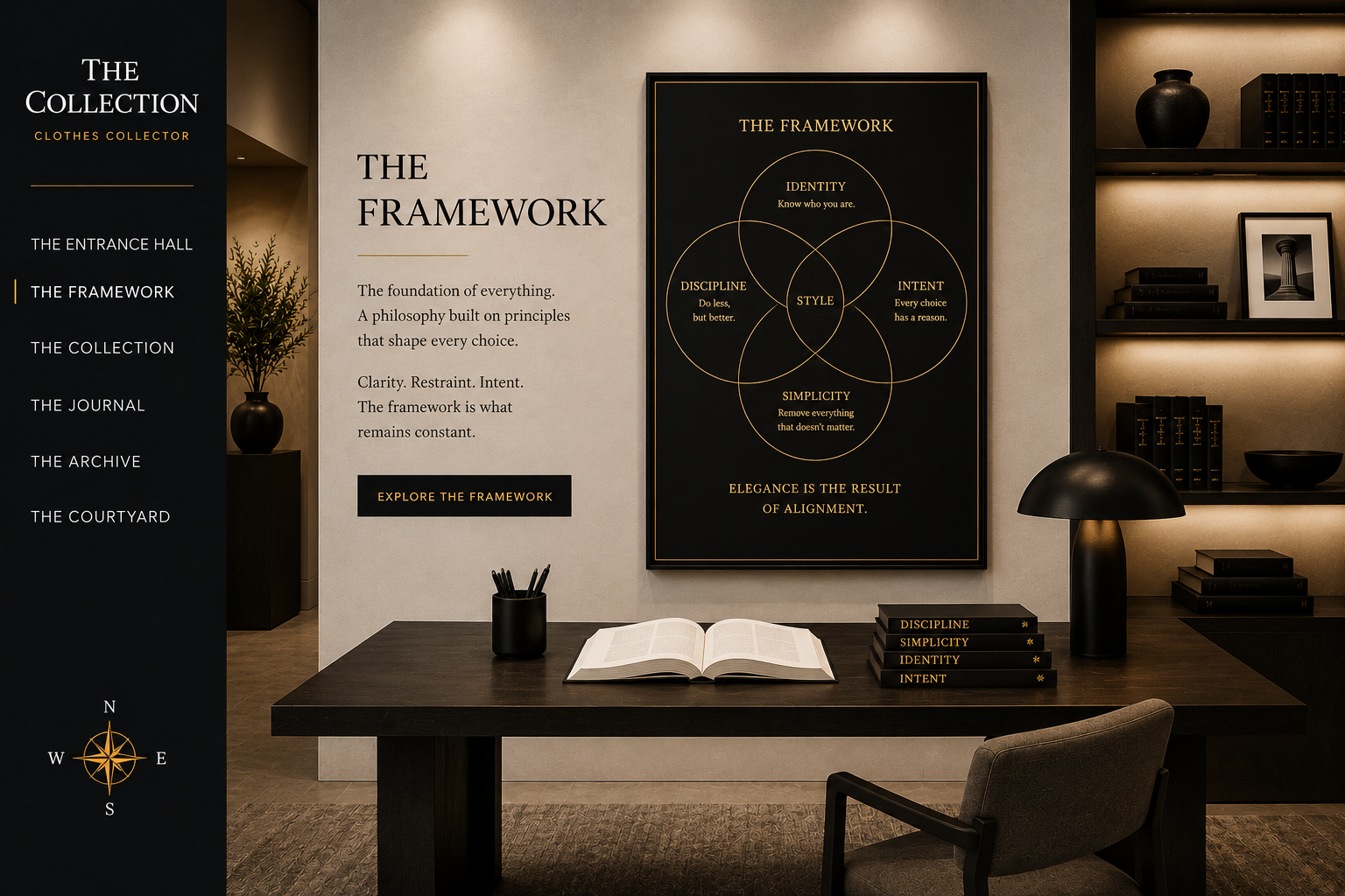 Interior photo of a modern office or gallery space with a dark wooden desk, an open book, a black pen holder, and stacked black books with gold lettering. The wall has a large framed diagram titled "The Framework" with overlapping circles and text about identity, discipline, intent, and style. To the left, there is a black vertical menu with white and gold text, and a compass symbol at the bottom.