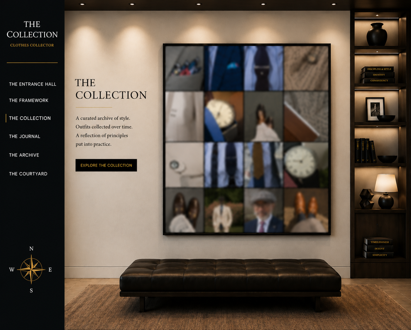 A boutique with a display of fashion and accessories, including a large digital screen with various images, a dark wooden shelf with books and decor, and a black leather bench in the foreground.