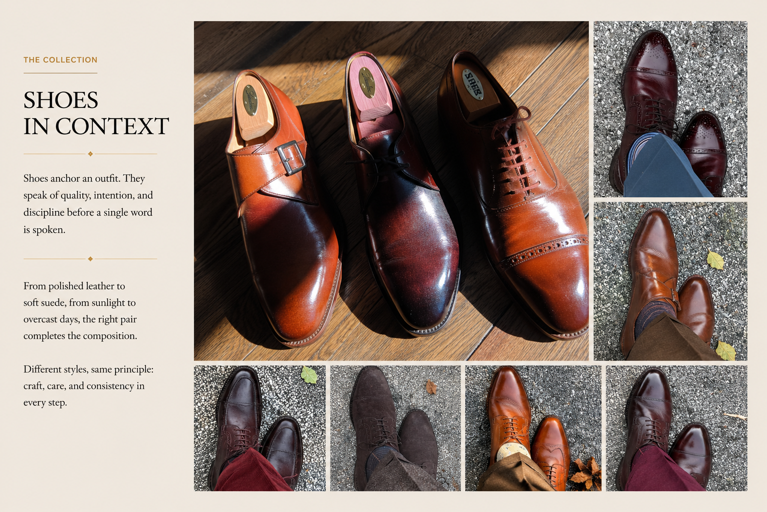 Collage of various men's leather shoes in different shades and styles, shown on different outdoor surfaces with some fallen leaves.