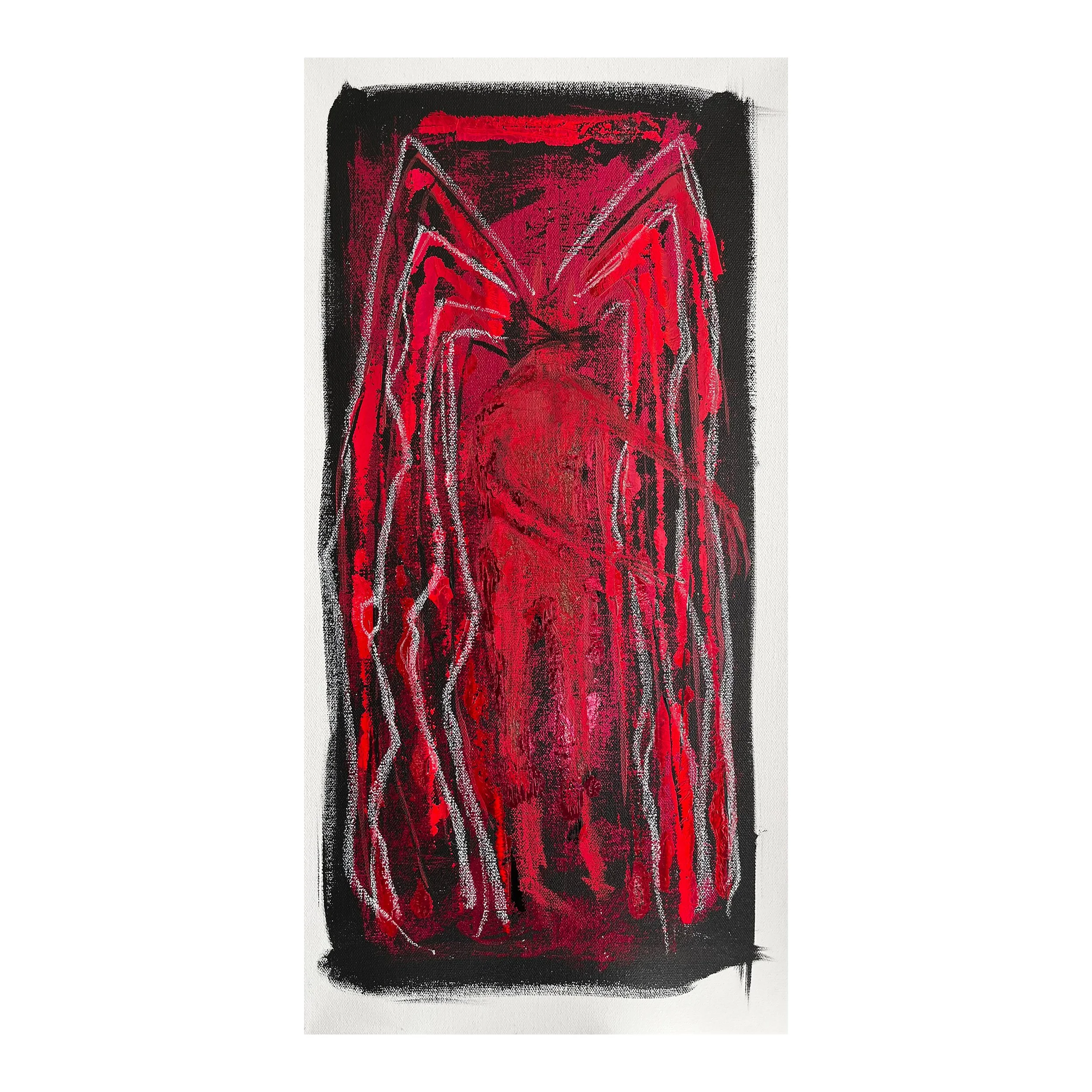 An abstract painting featuring vibrant red, black, and white brushstrokes with a textured appearance.