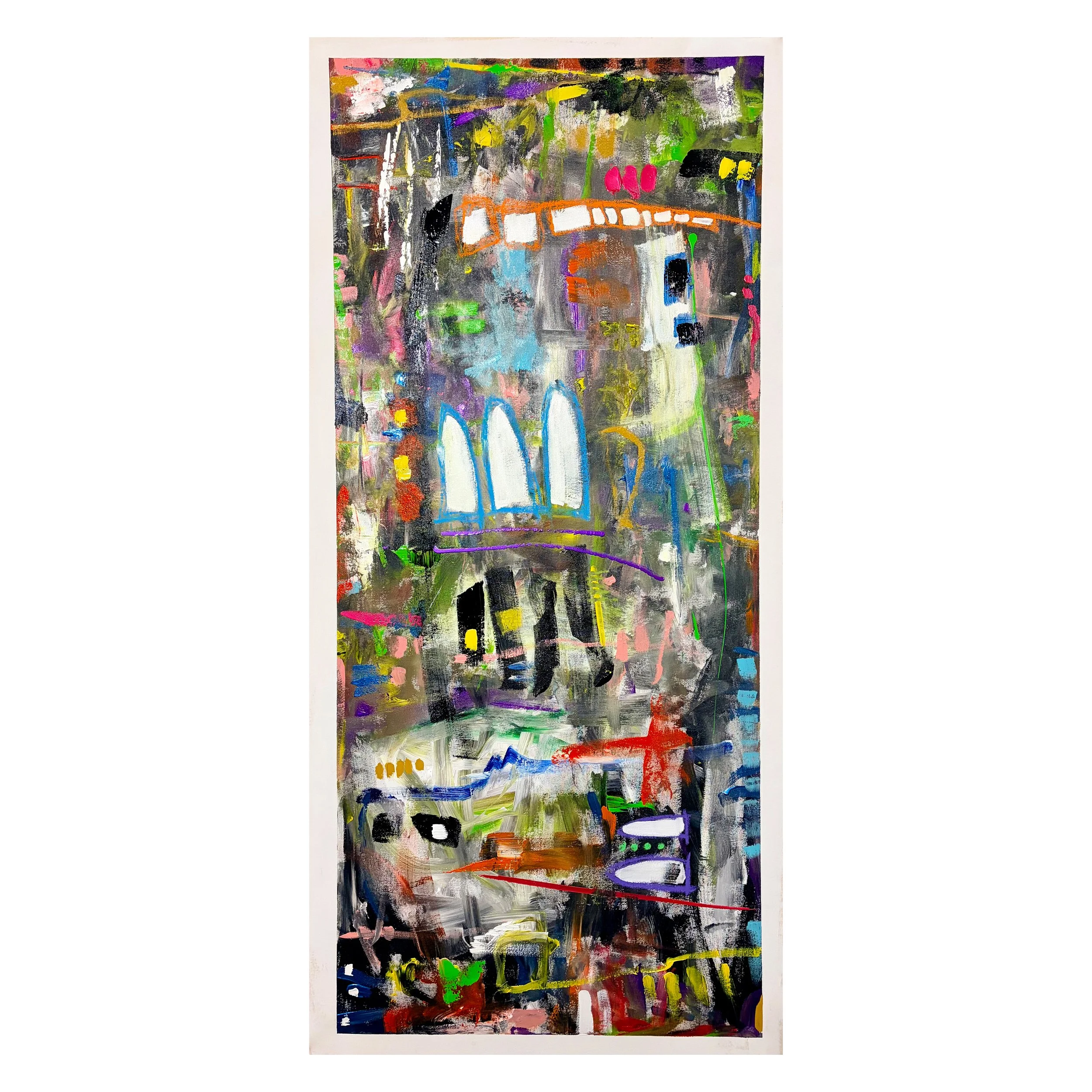 An abstract painting with vibrant colors and bold brushstrokes, featuring shapes and lines in green, pink, blue, yellow, black, and white.