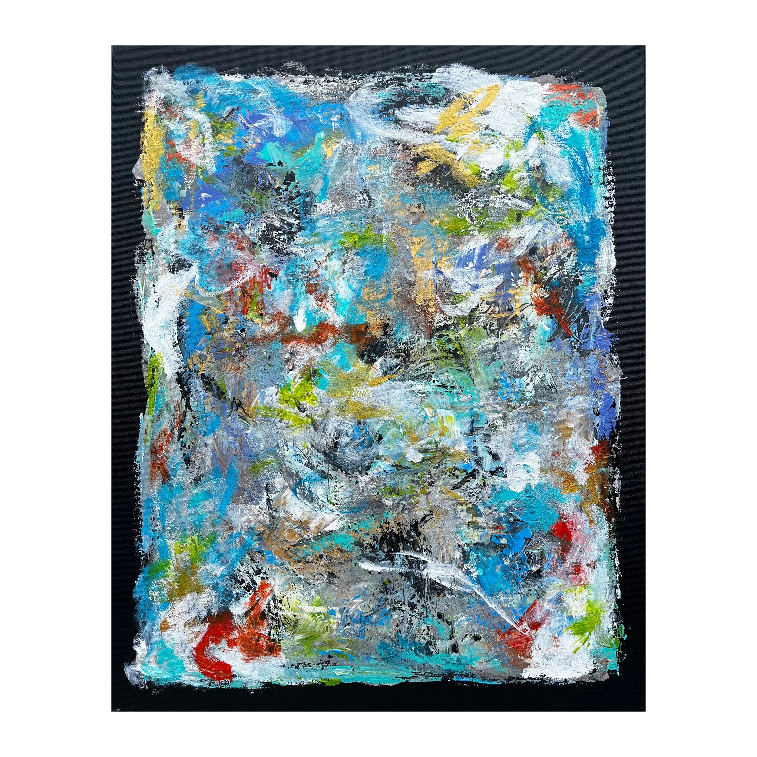 Abstract expressionist painting with vivid splashes and strokes of blue, white, yellow, red, green, and black on a black canvas background.