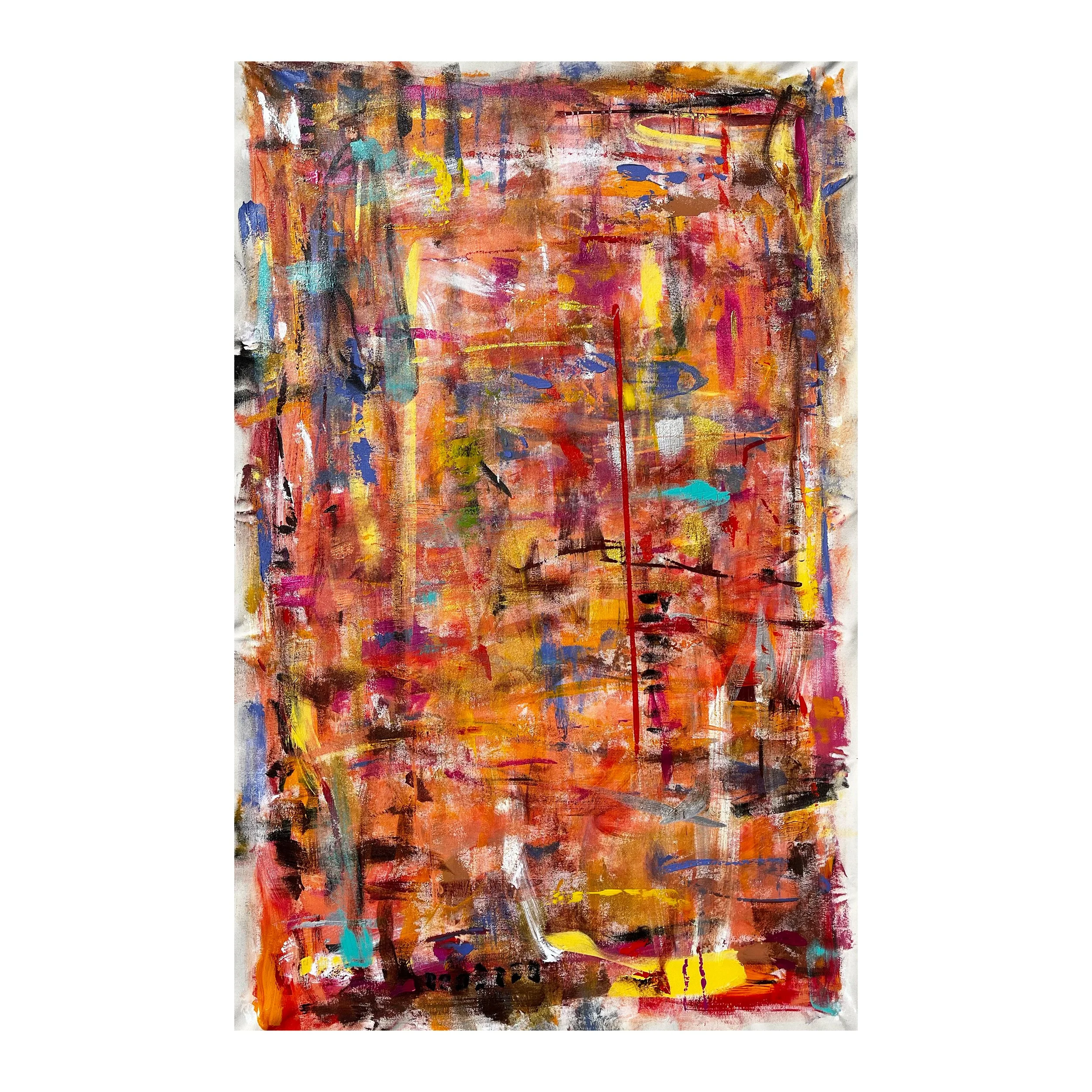 Abstract colorful painting with dominant reds, oranges, yellows, blues, pinks, and black, featuring various brush strokes and textures.