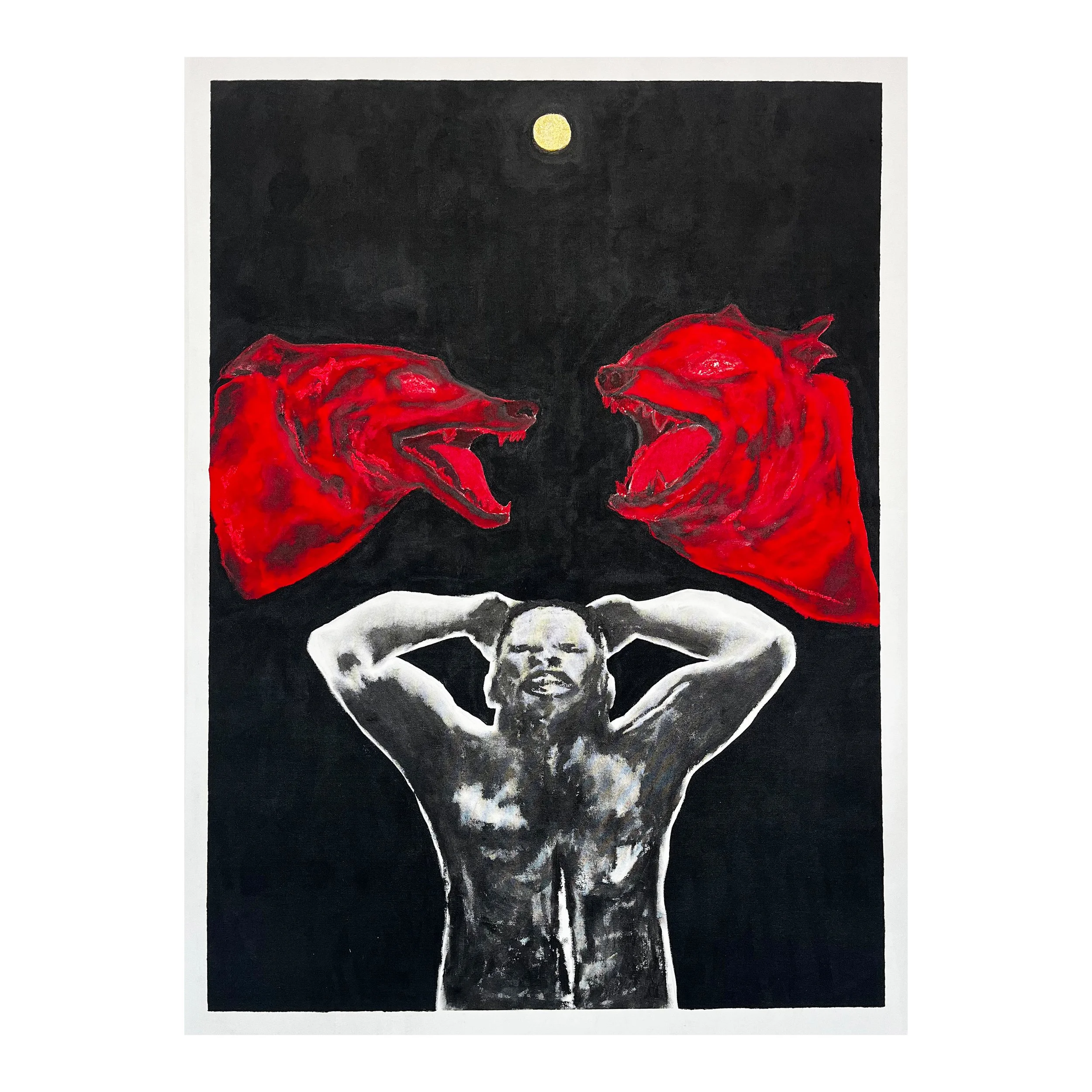A dark background features a bright yellow moon at the top center. Two red wolves with open mouths and sharp teeth face each other at the bottom, with one wolf on the left and the other on the right, both in profile. Below the wolves, there is a white human skull with dark eye sockets and a nose cavity between them.