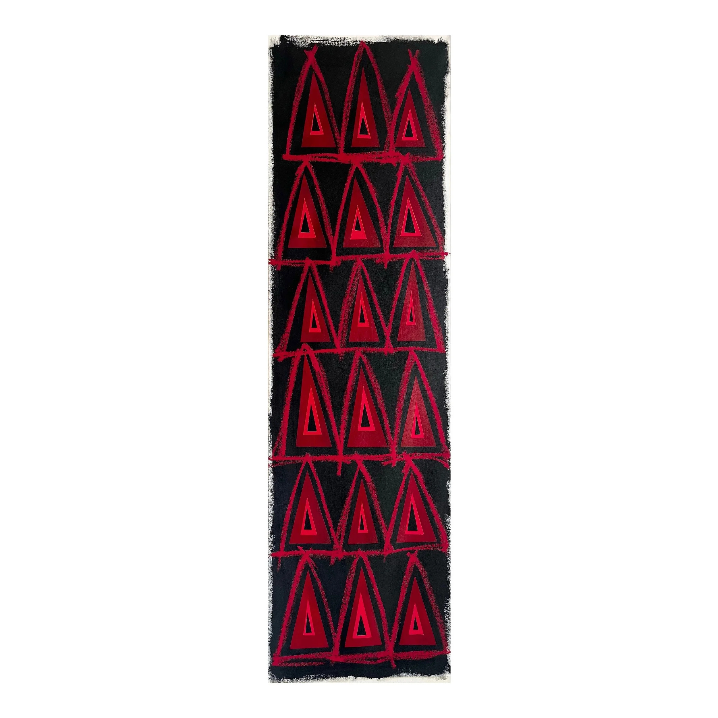Abstract artwork featuring multiple red triangular shapes outlined with black on a black background.