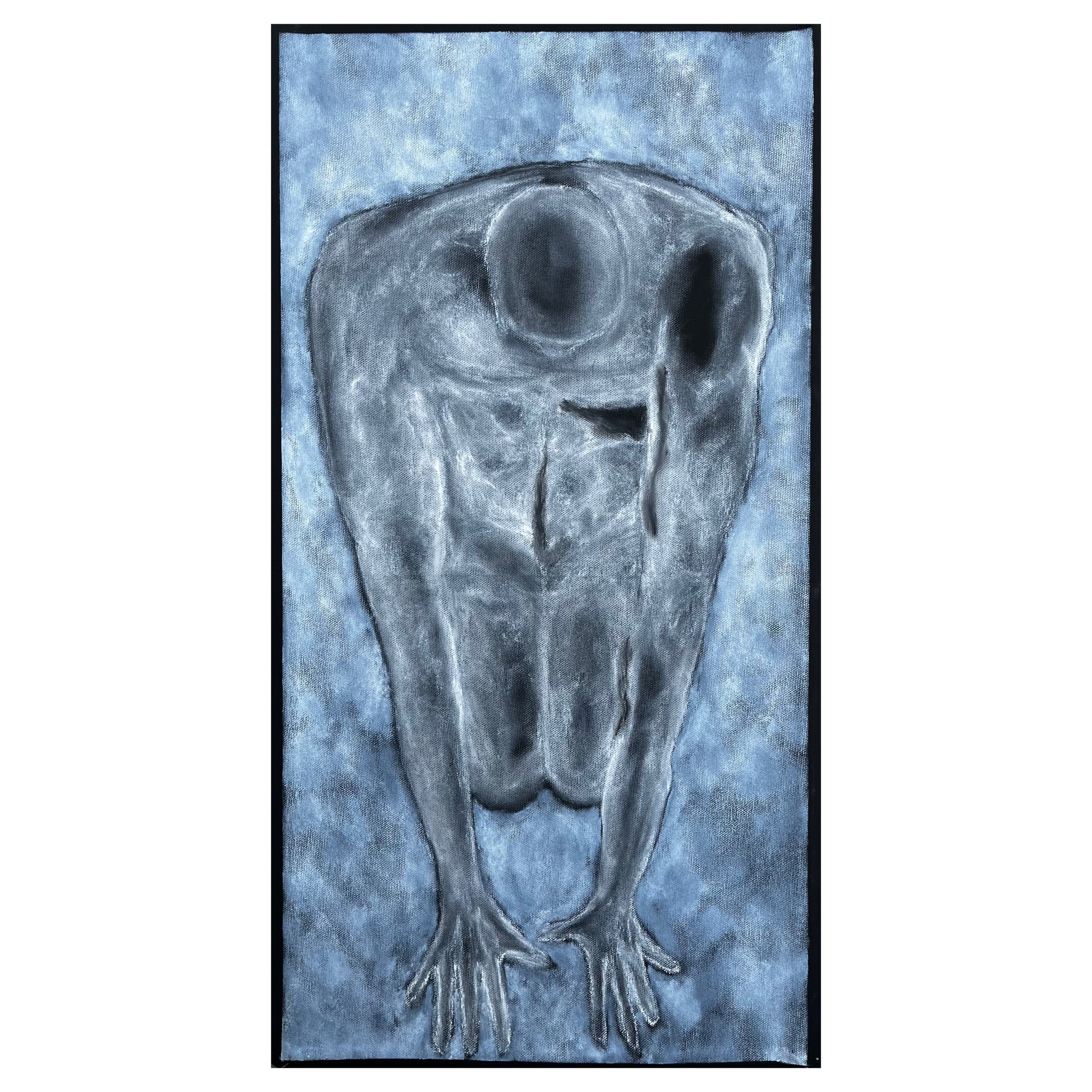 A painting of a gray and black abstract face on a blue background with black border.