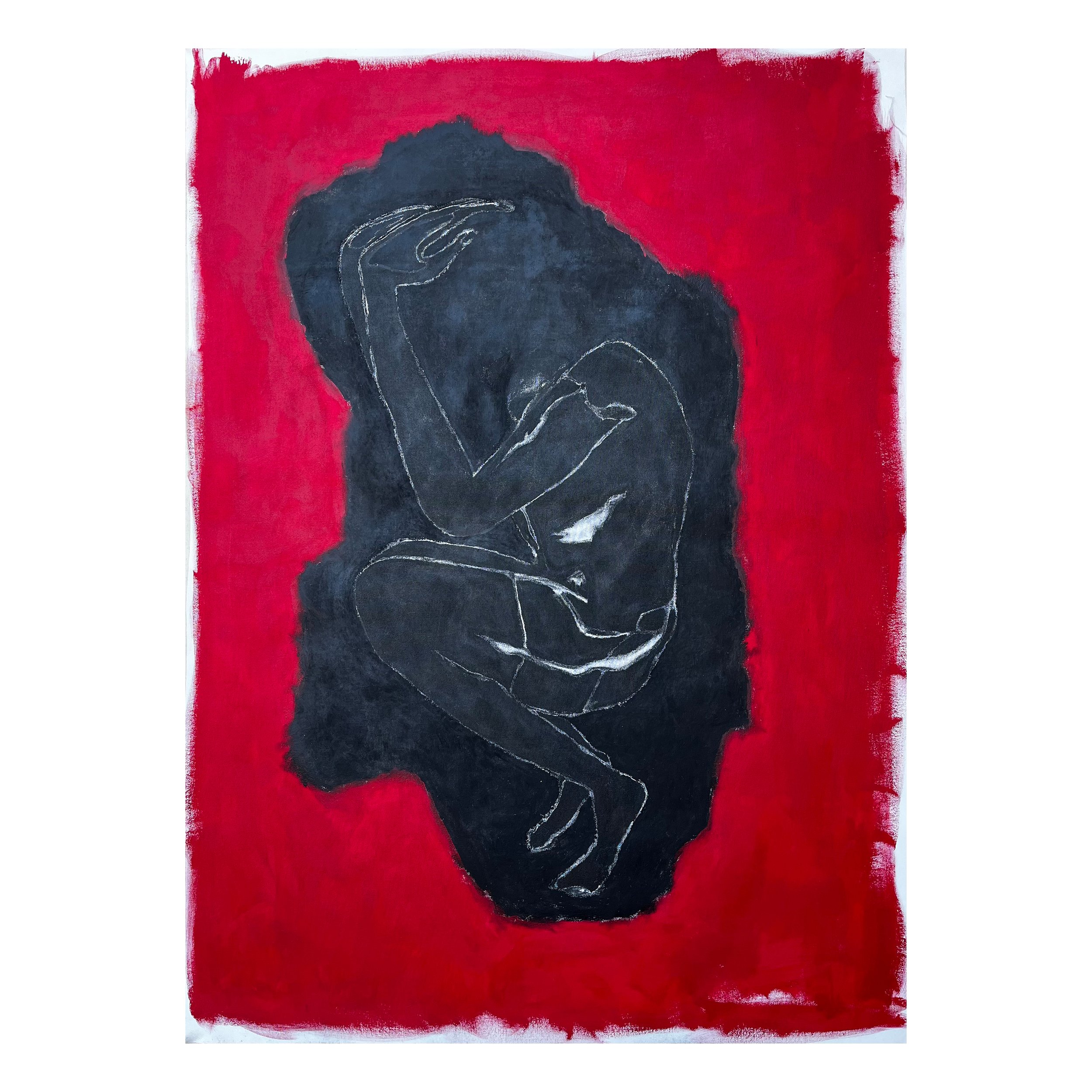 A line drawing of a person with long hair, resting their head on their hand, set against a bright red background.