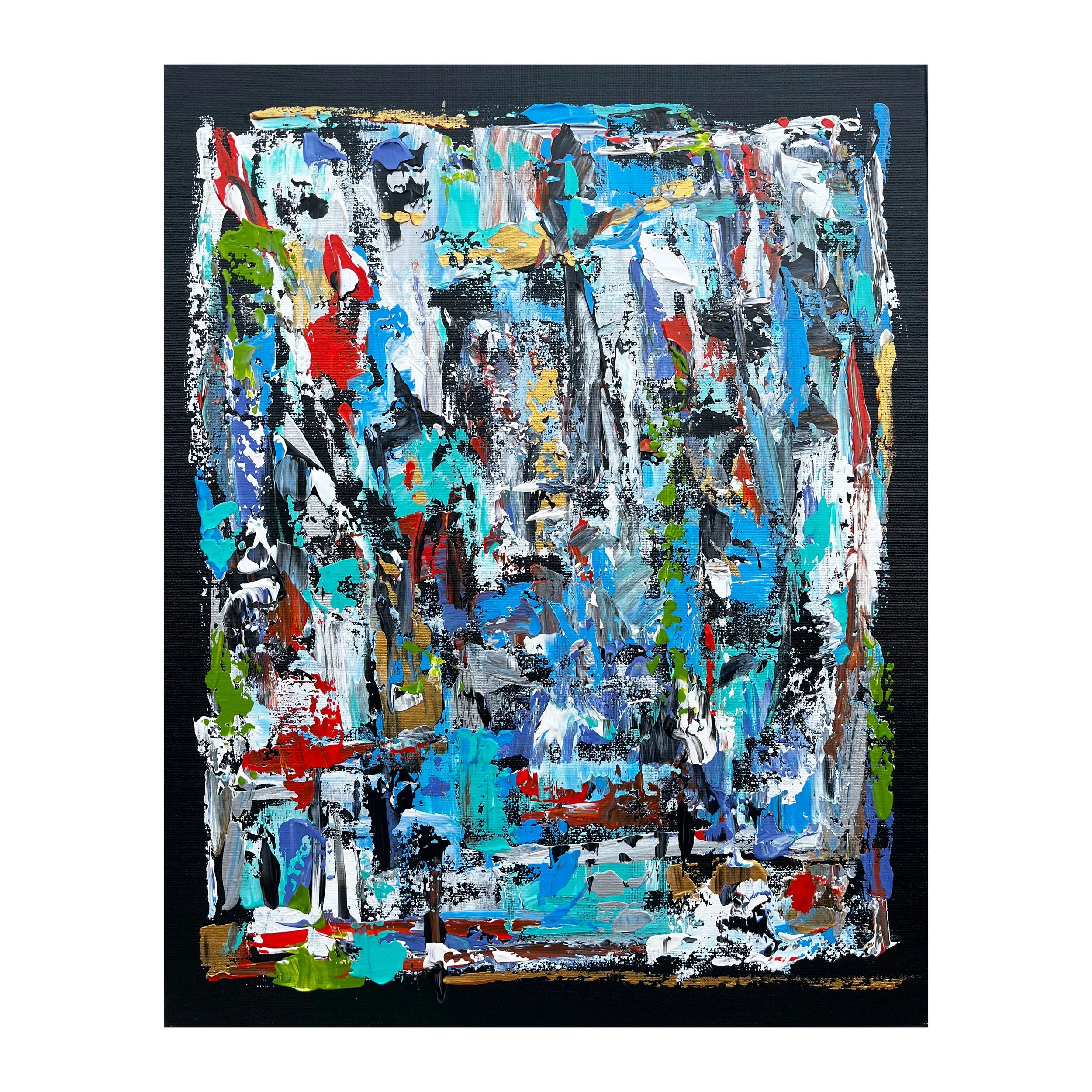 An abstract painting with thick, colorful brushstrokes on a black background, featuring shades of blue, white, red, green, and gold.