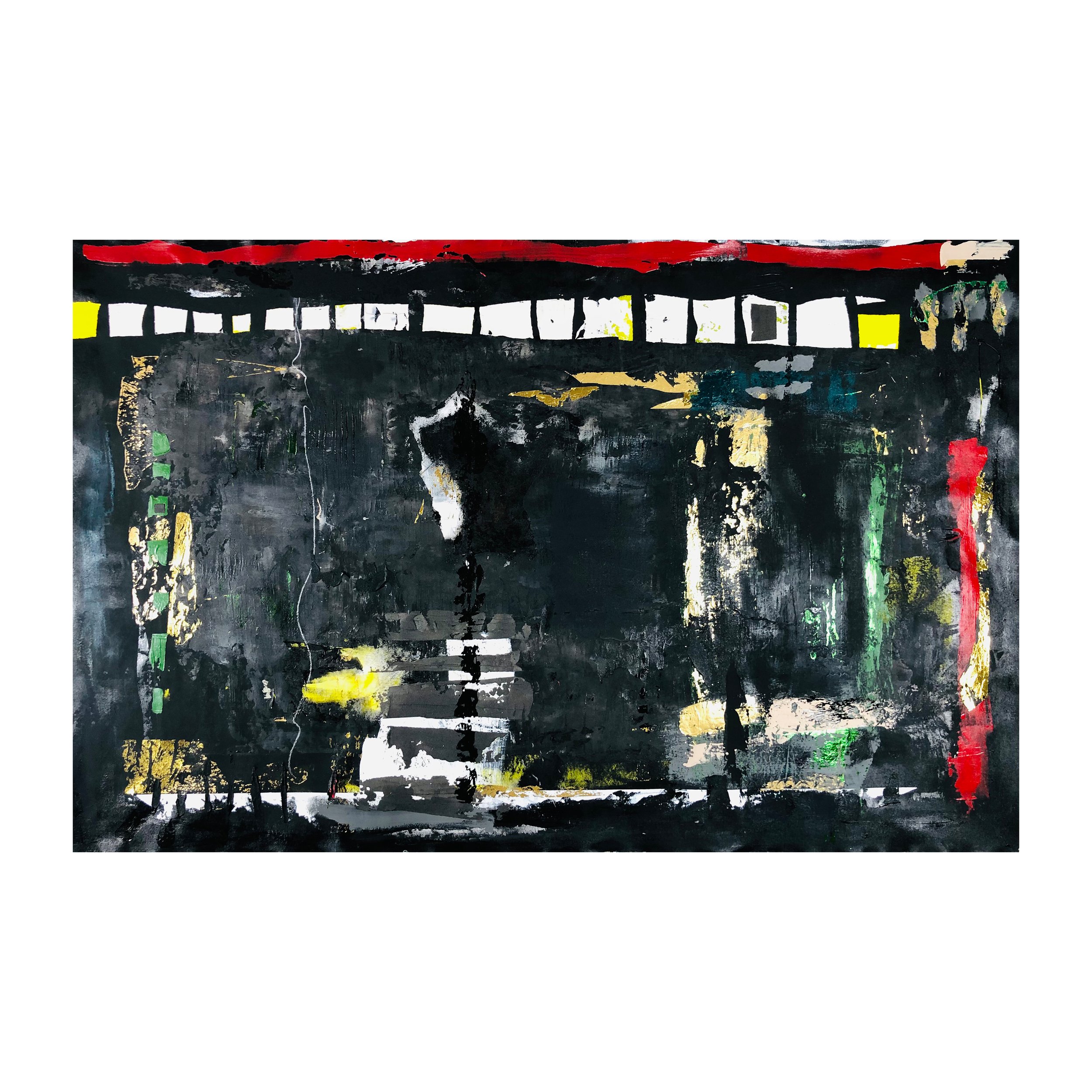 An abstract painting with bold black, red, yellow, green, and white brushstrokes and geometric shapes.