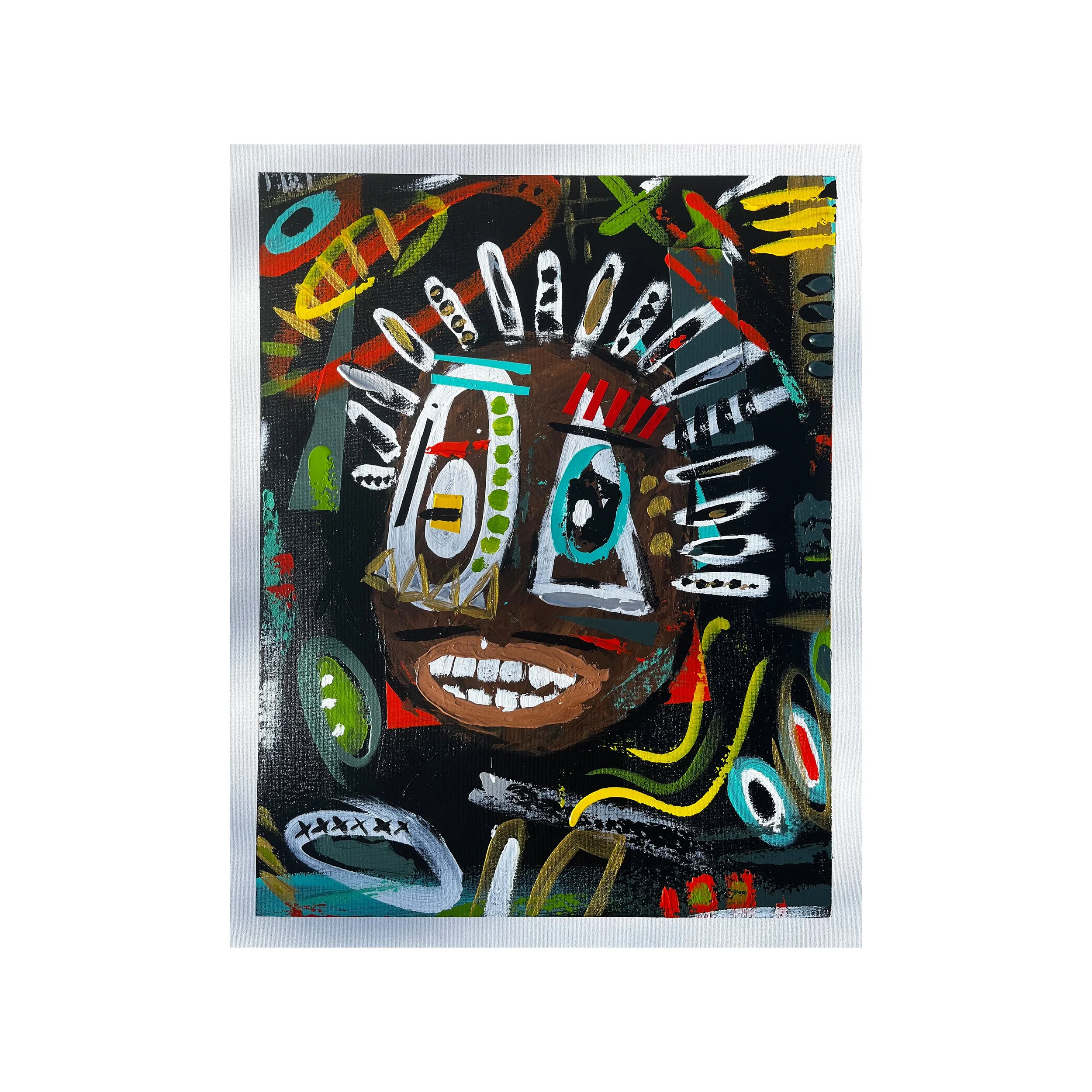 Abstract colorful painting with splashes of white, yellow, red, green, blue, black, and brown on a dark background.