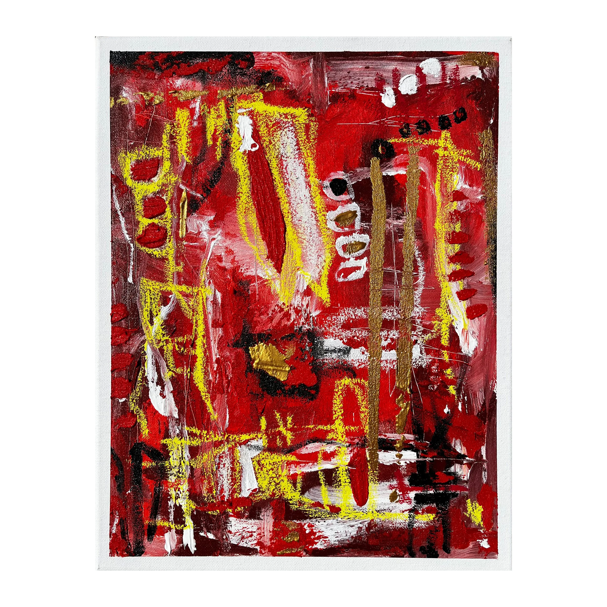 Abstract painting with red, white, black, yellow, and gold colors, with expressive brushstrokes and layered textures.