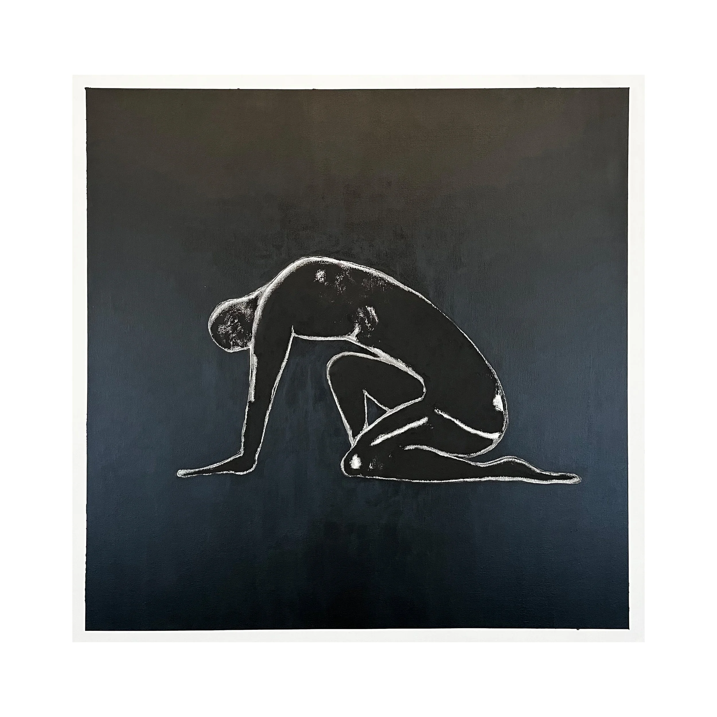 A chalk drawing of a person kneeling and bending forward, set against a black background.