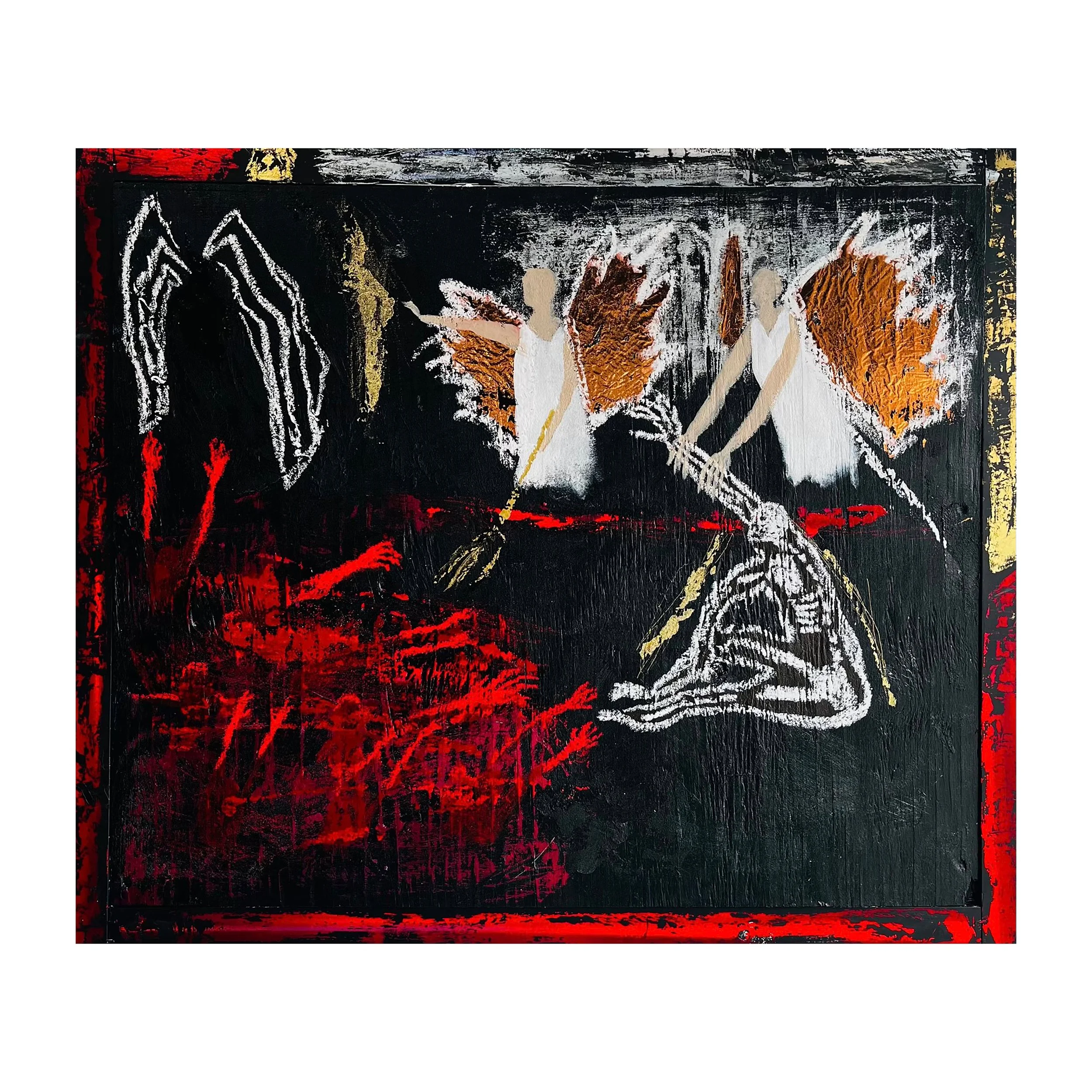 Abstract black, red, white, and yellow textured painting with shapes resembling human figures and chaotic brushstrokes.
