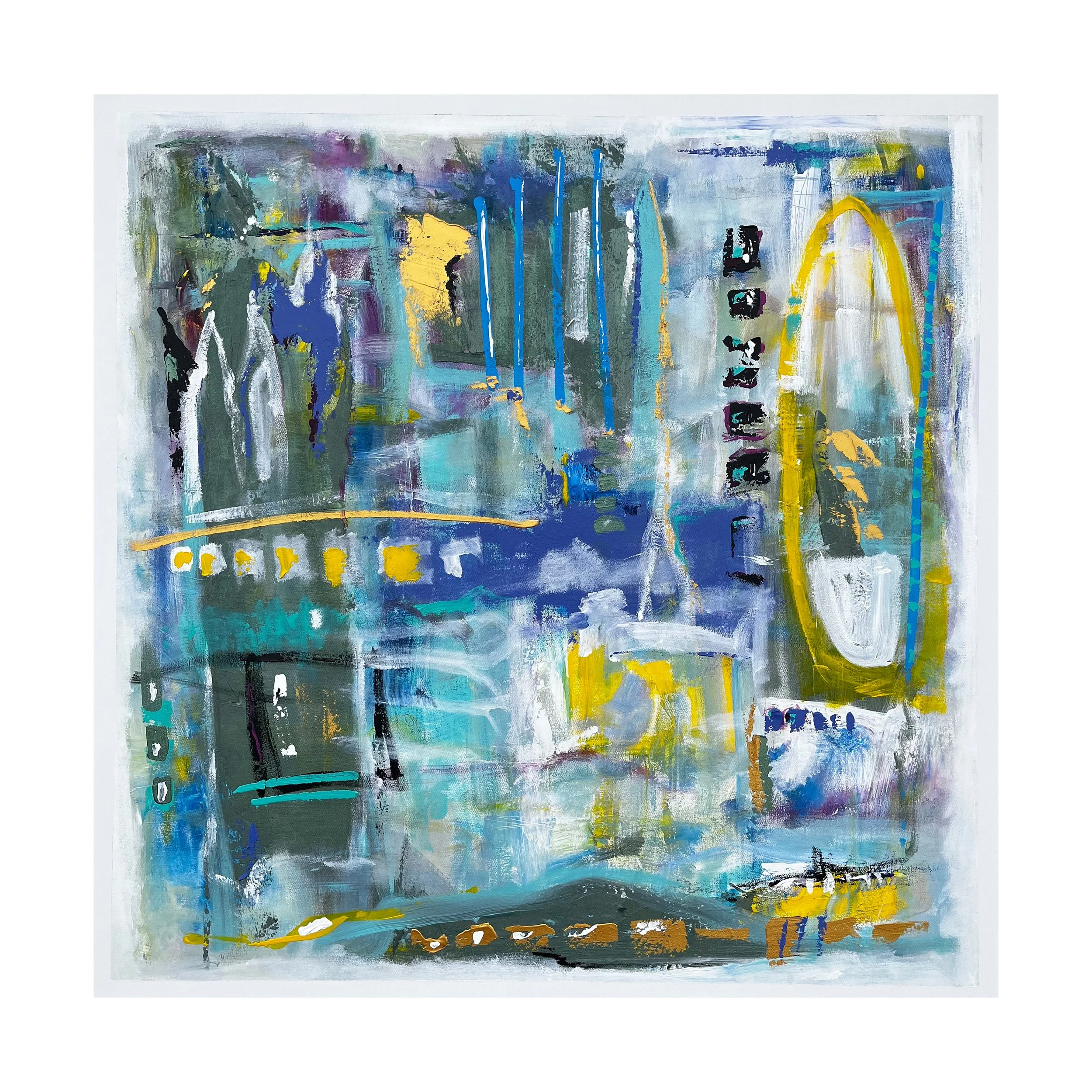 Abstract painting with various colors including blue, yellow, gray, black, and purple, featuring vertical lines and irregular shapes.