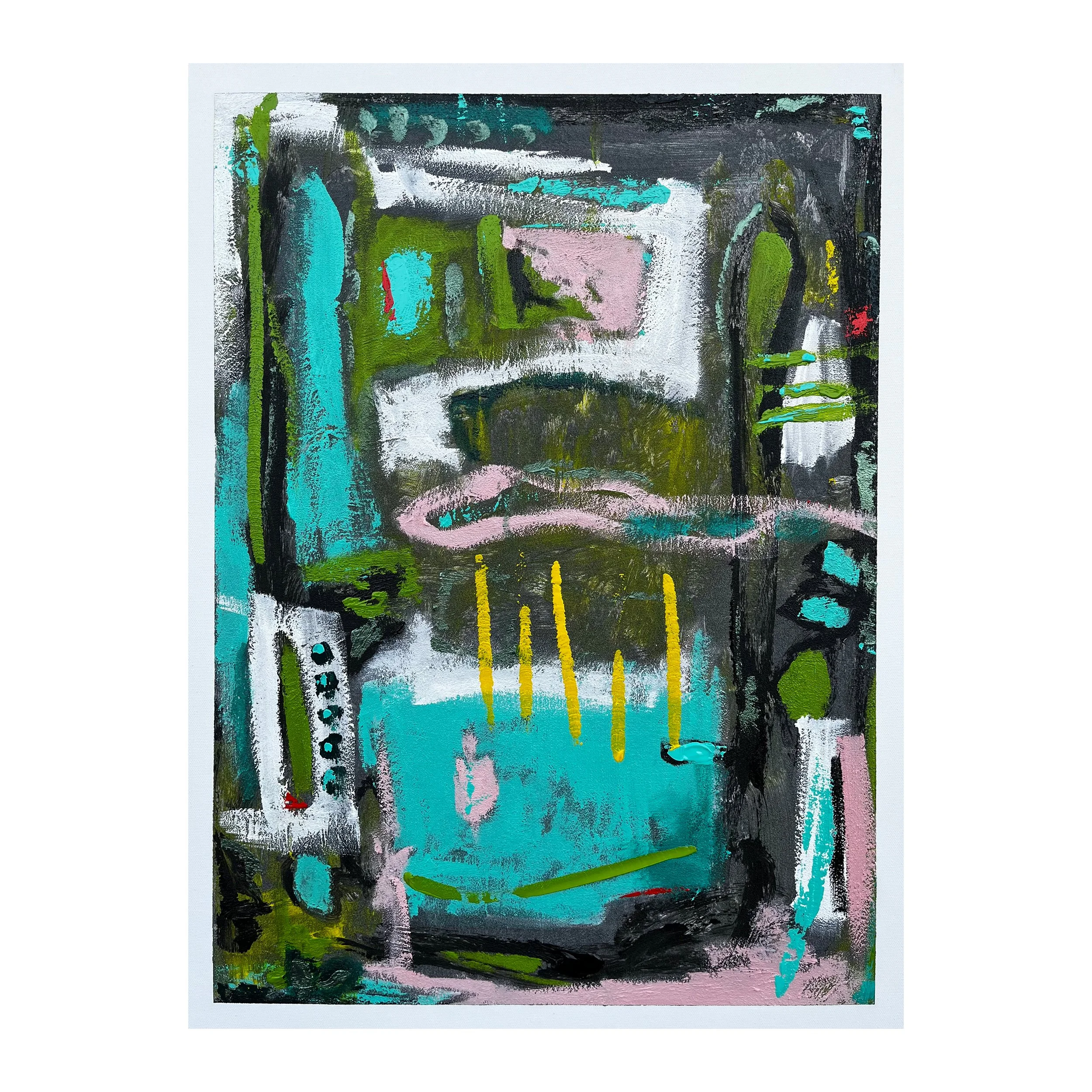 Abstract painting with bold splash of pink, blue, green, yellow and black colors, some strokes create a layered textured effect.