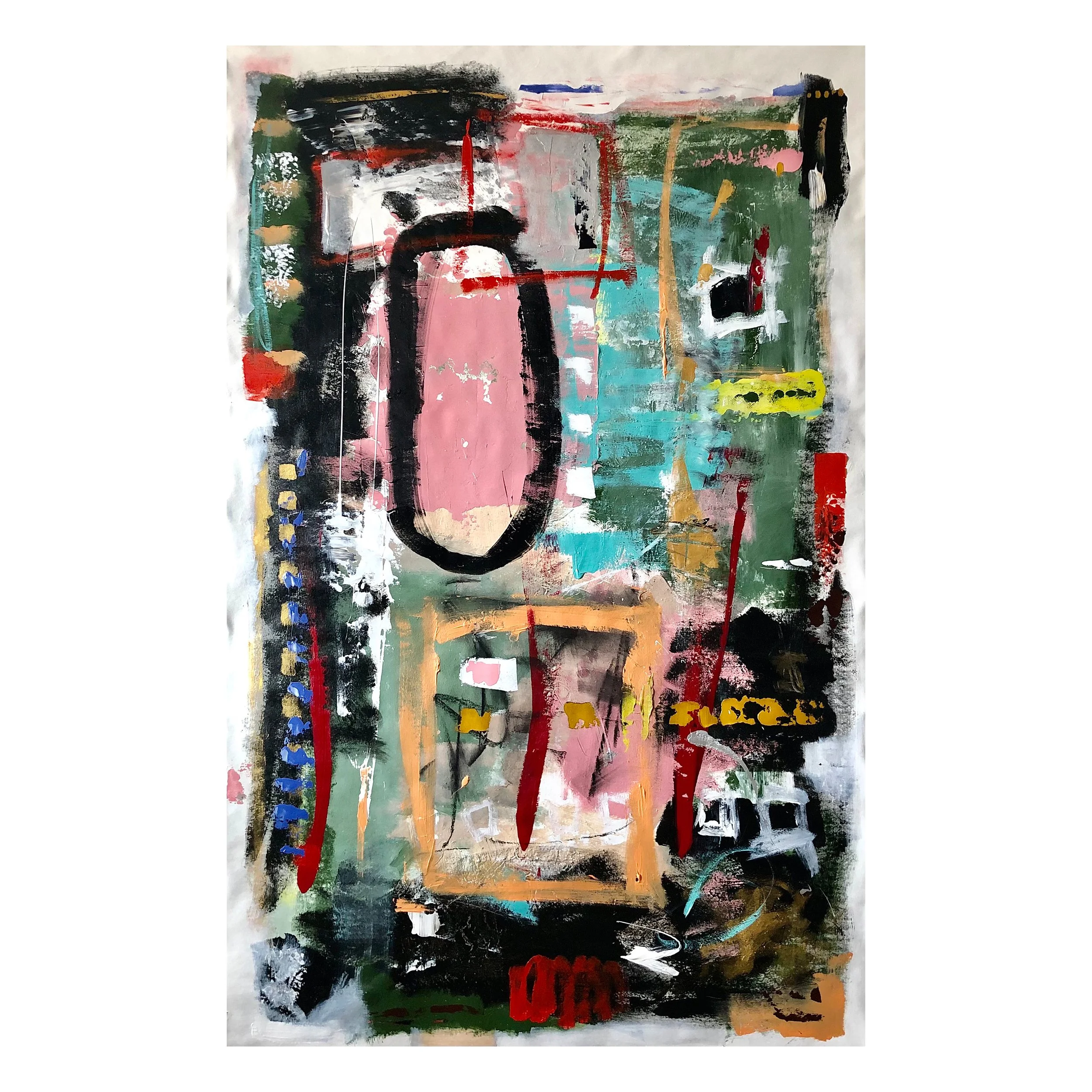 Abstract painting with bold black facial outline, pink, green, blue, white, red, orange, and yellow brushstrokes.
