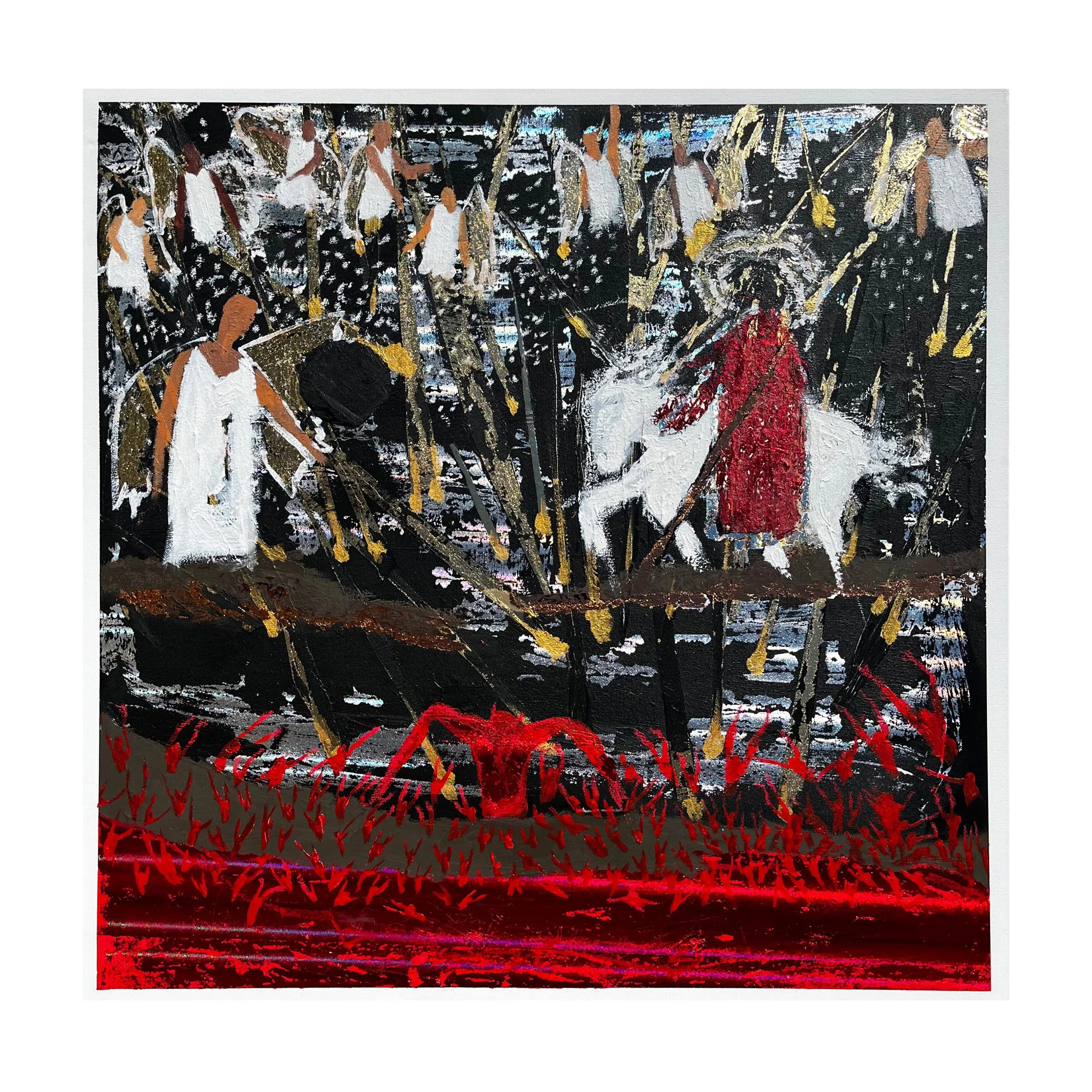An abstract painting with black background and figures of people in white dress, some with yellow, red, and gold accents, and red streaks at the bottom.