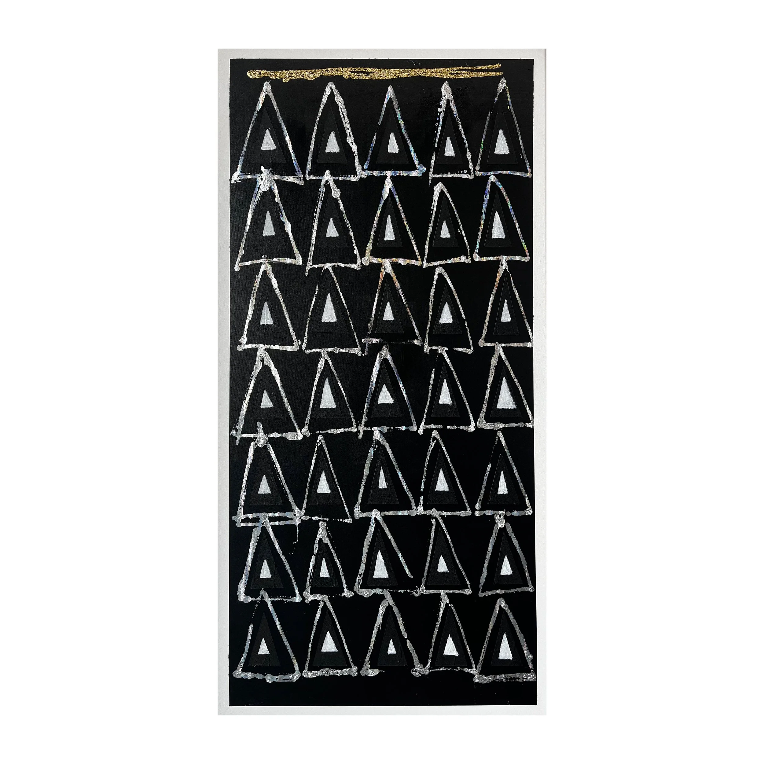Abstract artwork featuring multiple stylized black Christmas trees with white outlines on a black background, topped with a gold line.