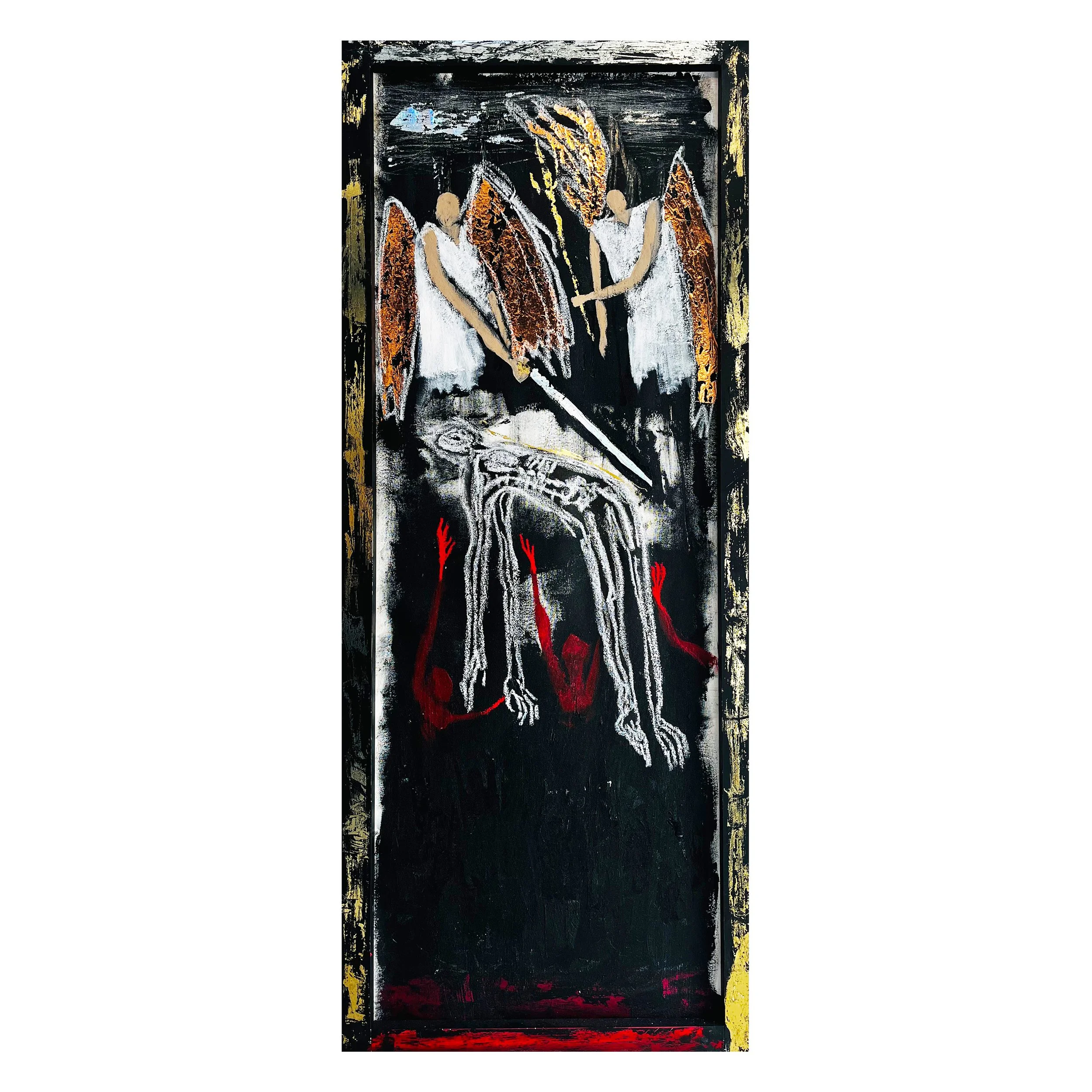 Abstract painting of three angels with white, brown, and orange wings standing on a black background, with red and yellow accents, and a halo and gesture indicating communication.