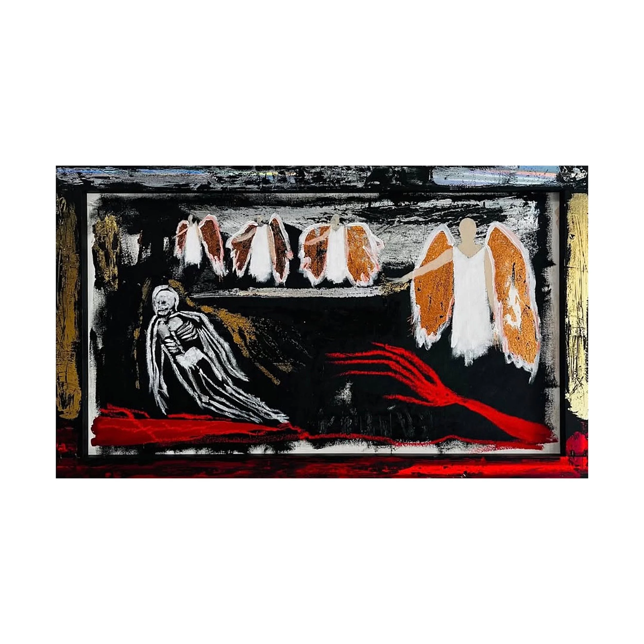 Abstract artwork with dark background, featuring orange and white figures, a skeleton, and red brushstrokes.
