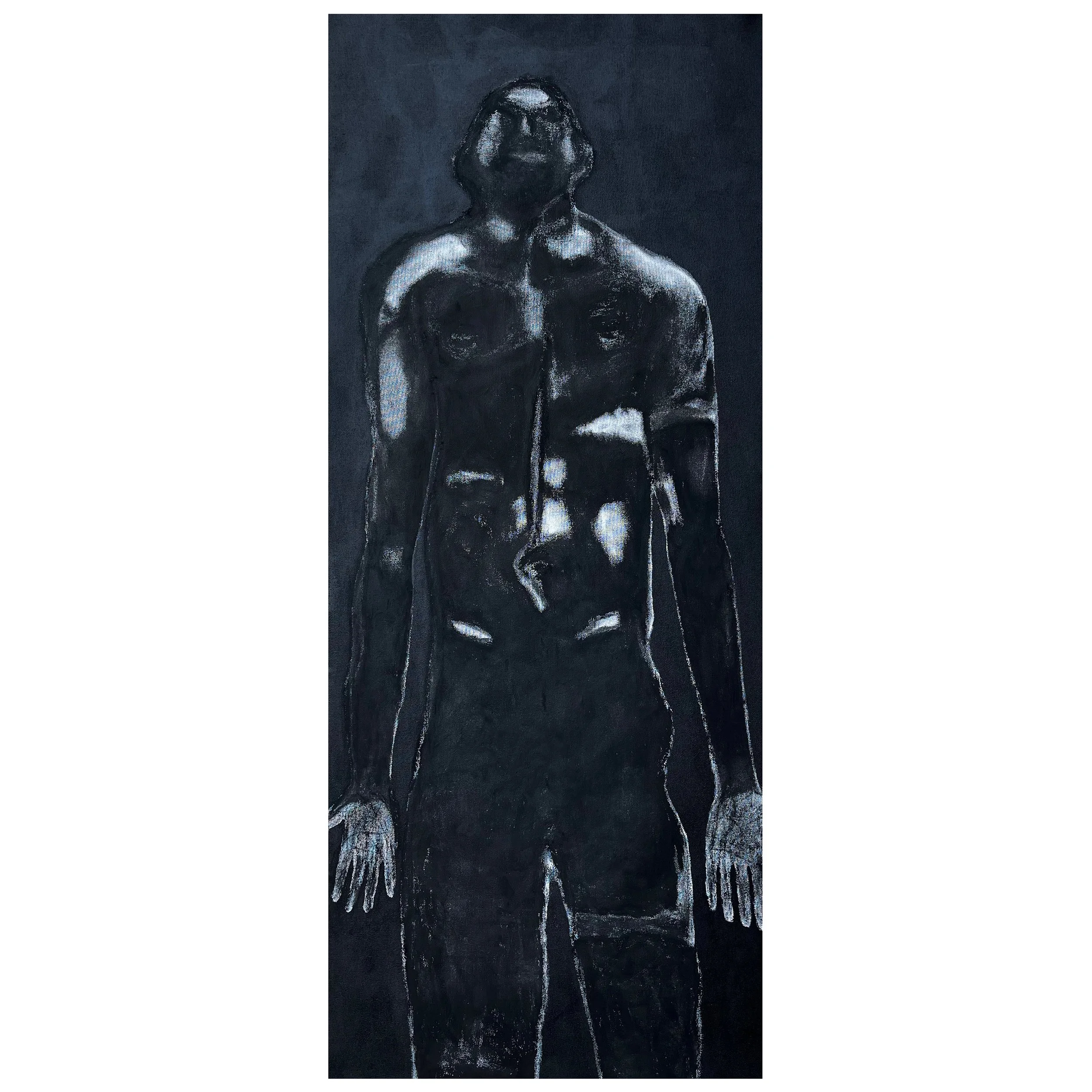 A monochrome or black and white abstract painting of a female figure with her hands covering her face, with a dark background and highlighted outlines on her body.