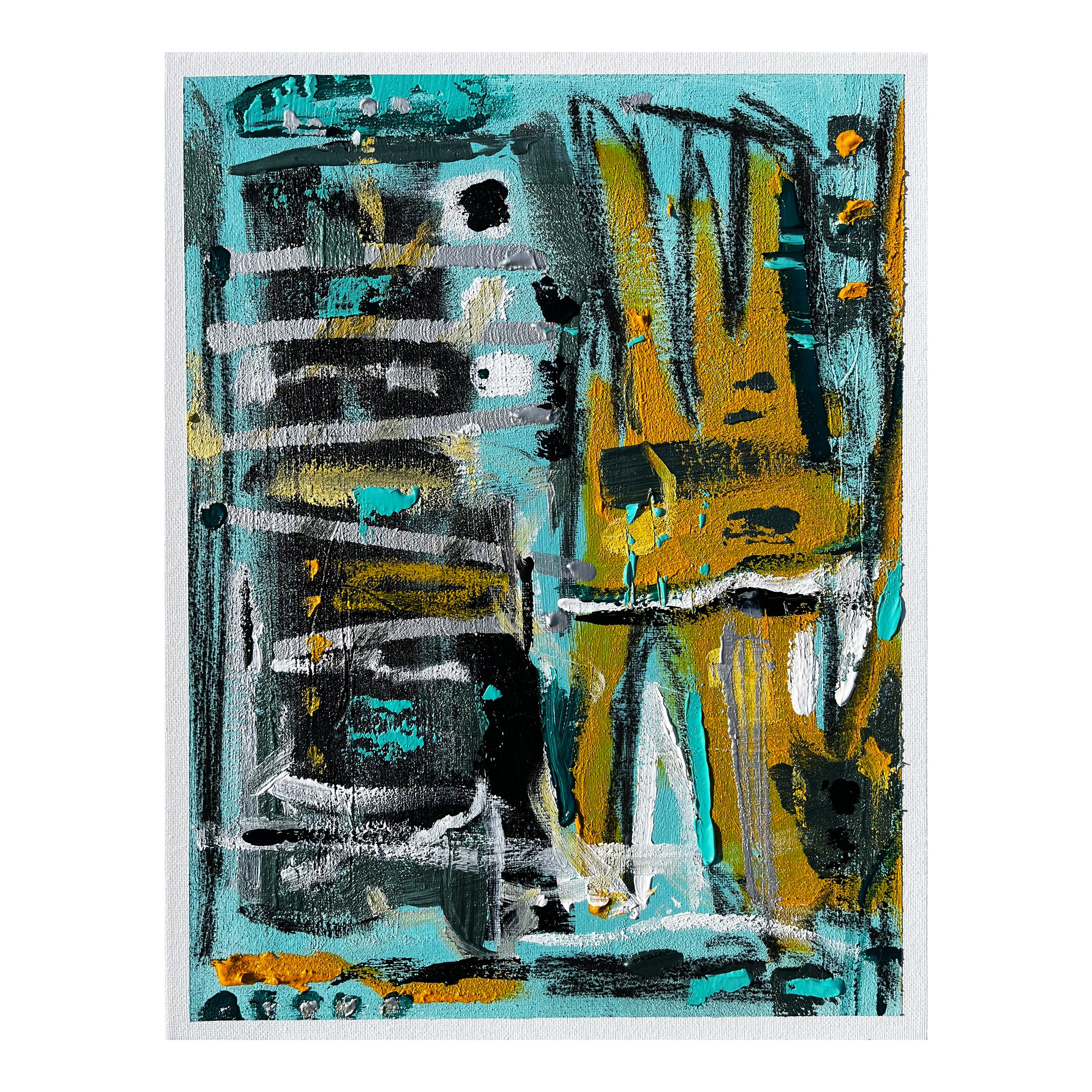 Abstract painting with blue, yellow, black, white, and gray textured brushstrokes and splashes.
