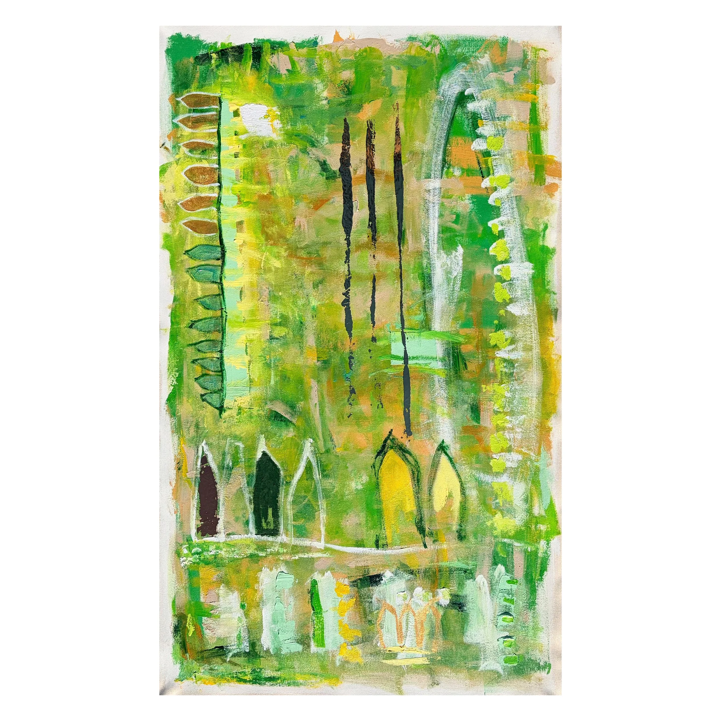 Abstract painting with green, yellow, orange, black, and white brushstrokes, featuring three vertical black lines and several leaf-like shapes along the edges.