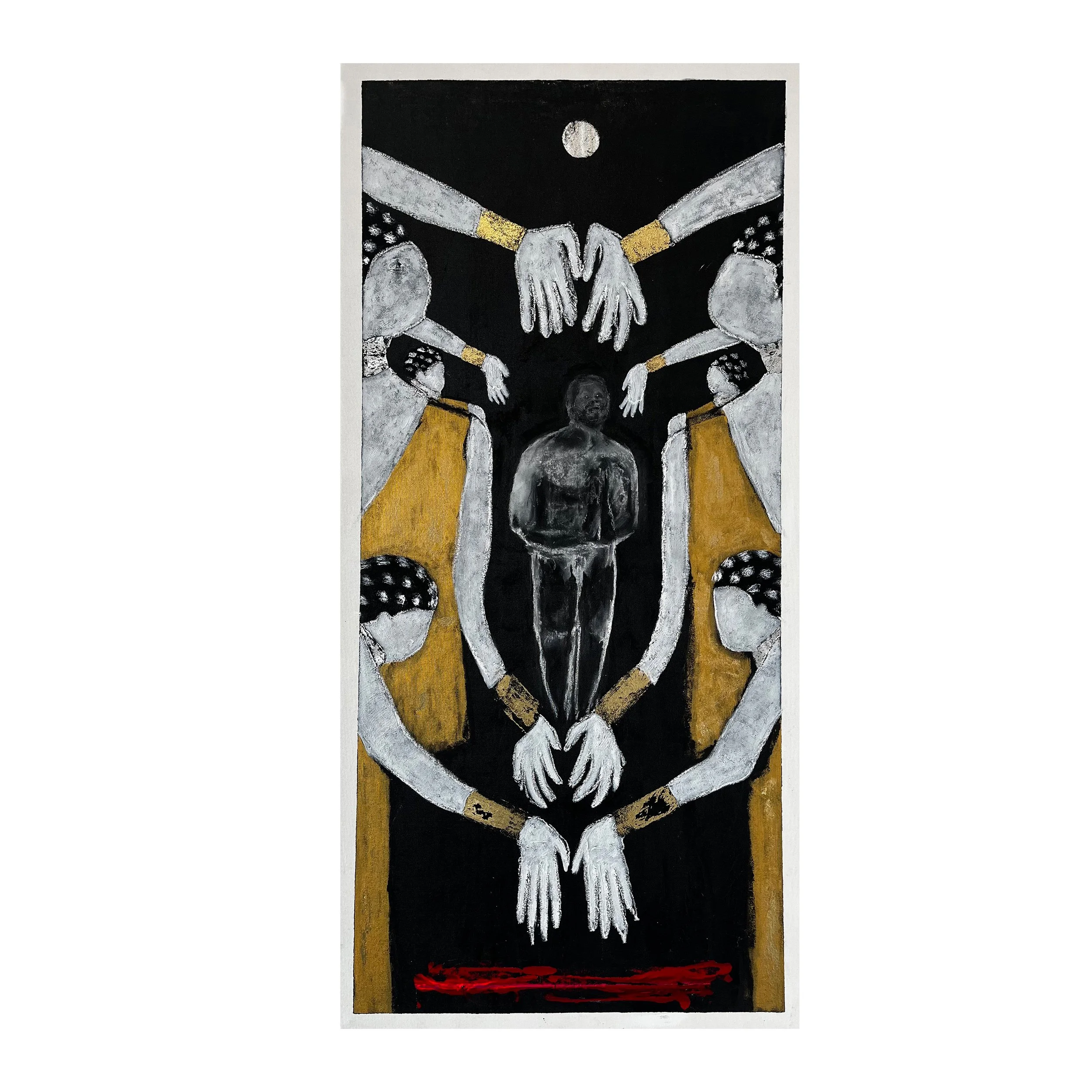 Stylized painting of several white hands reaching towards a black figure with a dark background and a small white moon in the sky.