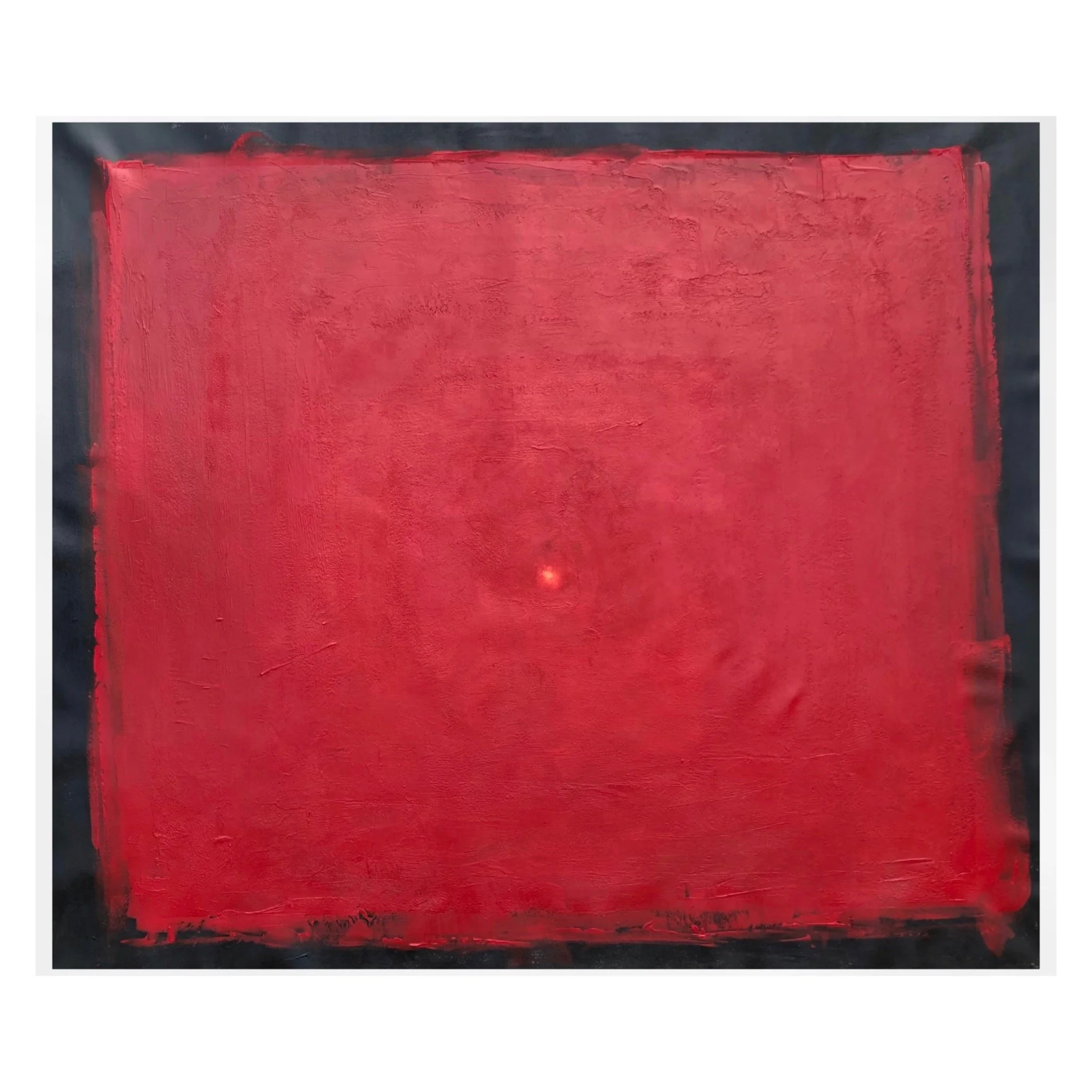 Abstract painting with thick red strokes on a black background.