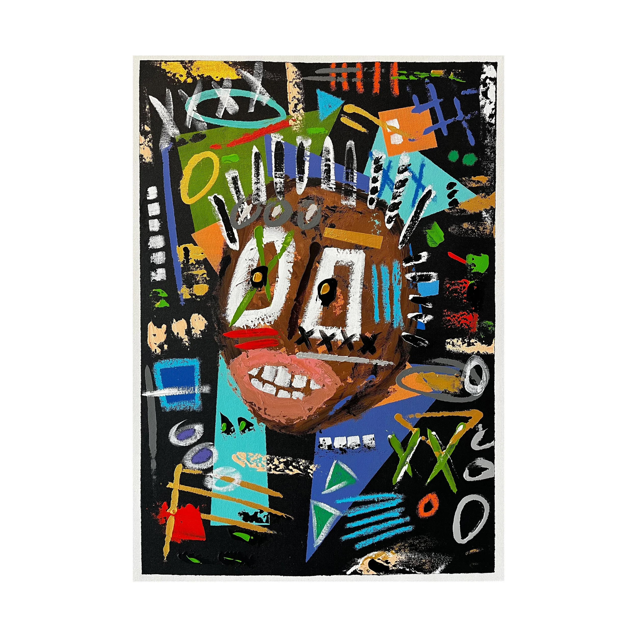 Abstract colorful painting with various shapes, lines, and patterns on a black background.