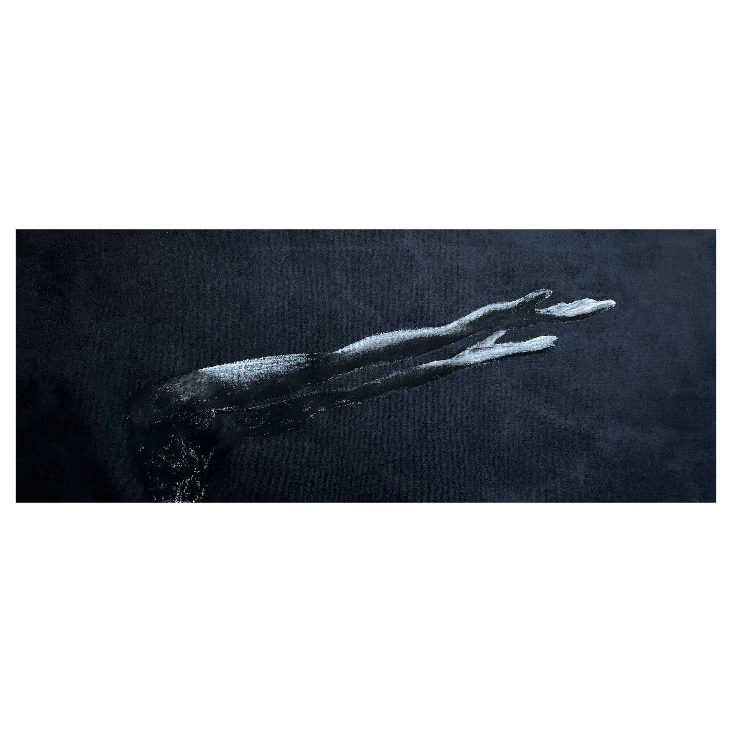A painting of a silver hand reaching out on a dark background.