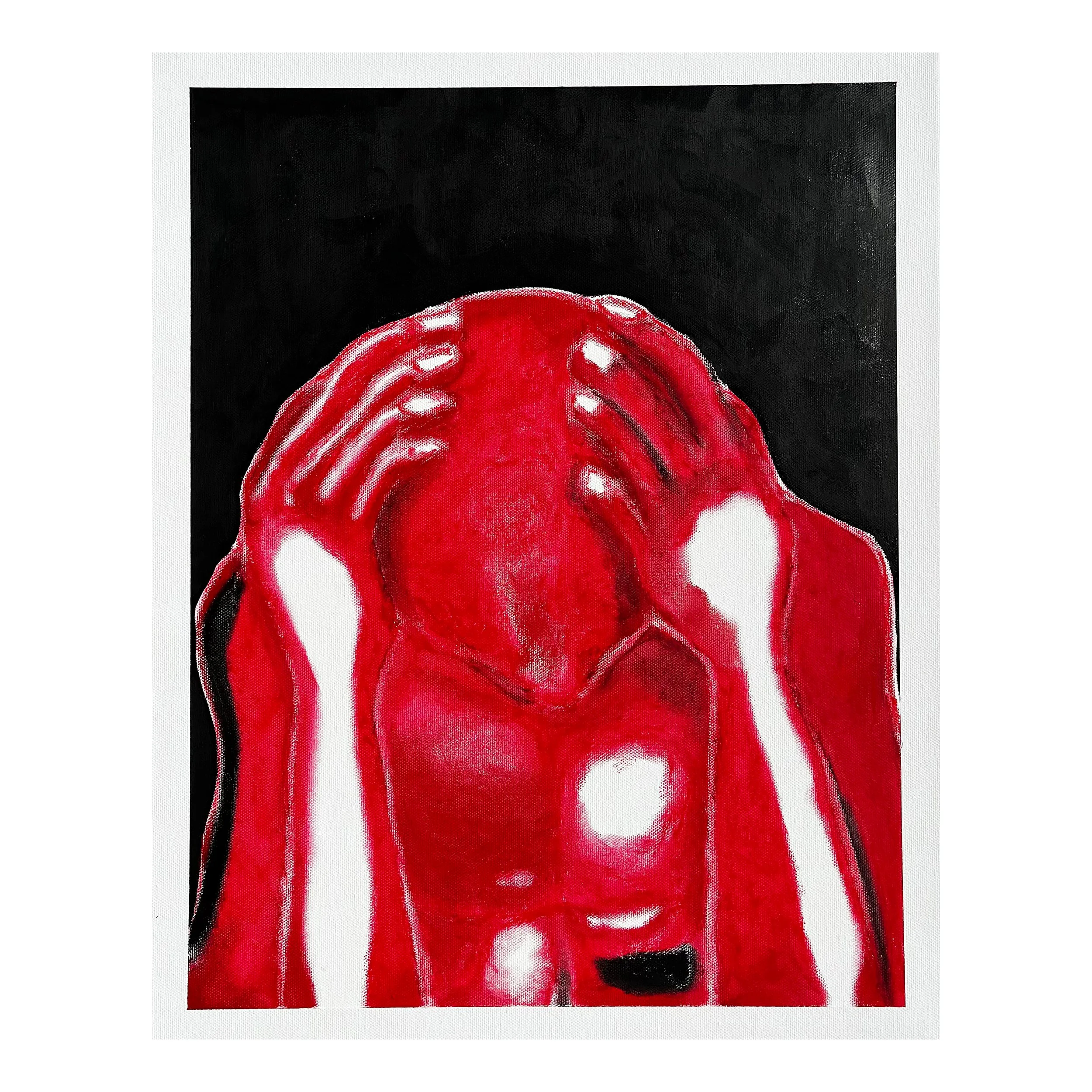 Abstract colorful painting featuring bold red and white shapes outlined in black on a dark background.