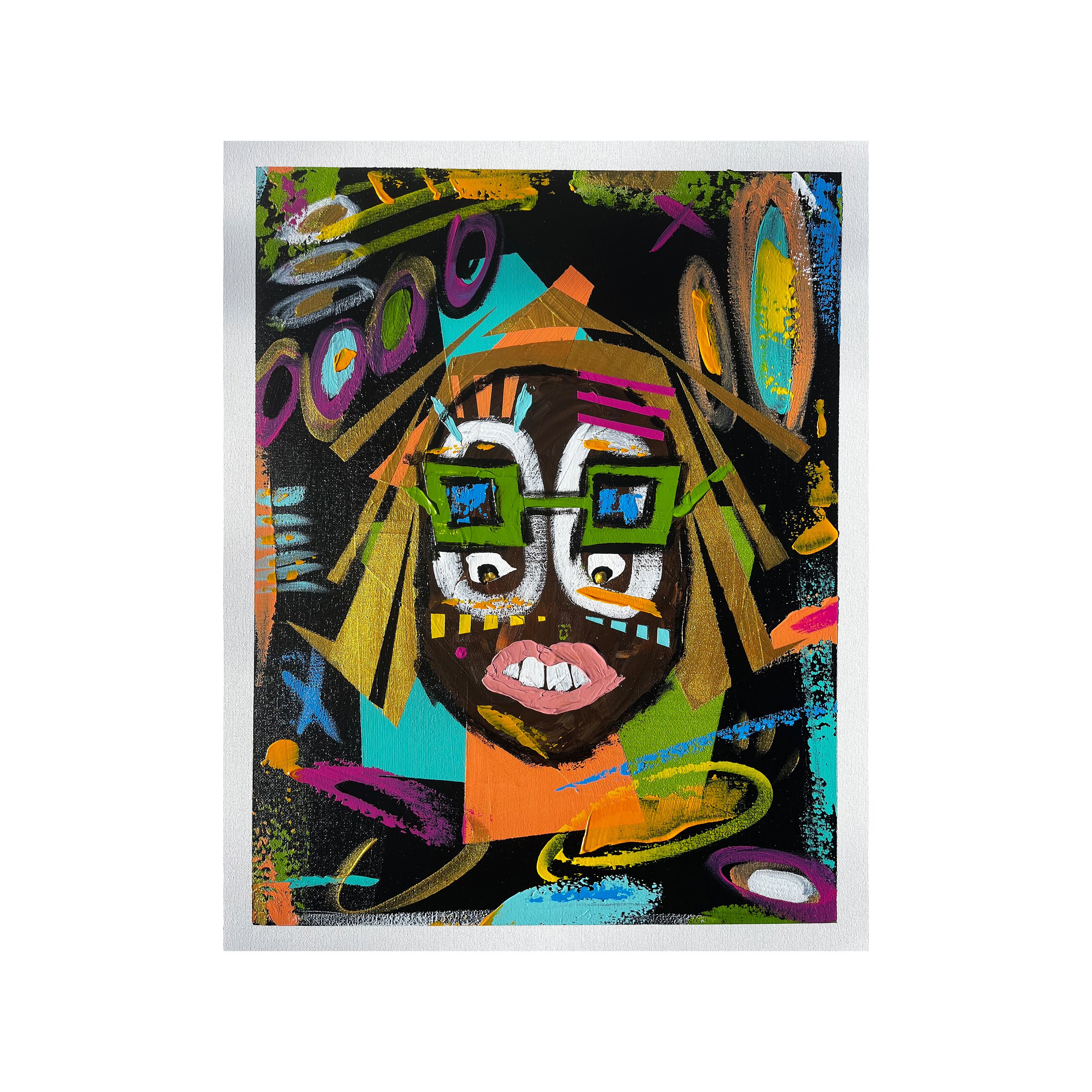 Abstract colorful painting with black background, featuring bright brushstrokes in purple, turquoise, green, yellow, orange, and pink, creating a vibrant, dynamic composition.