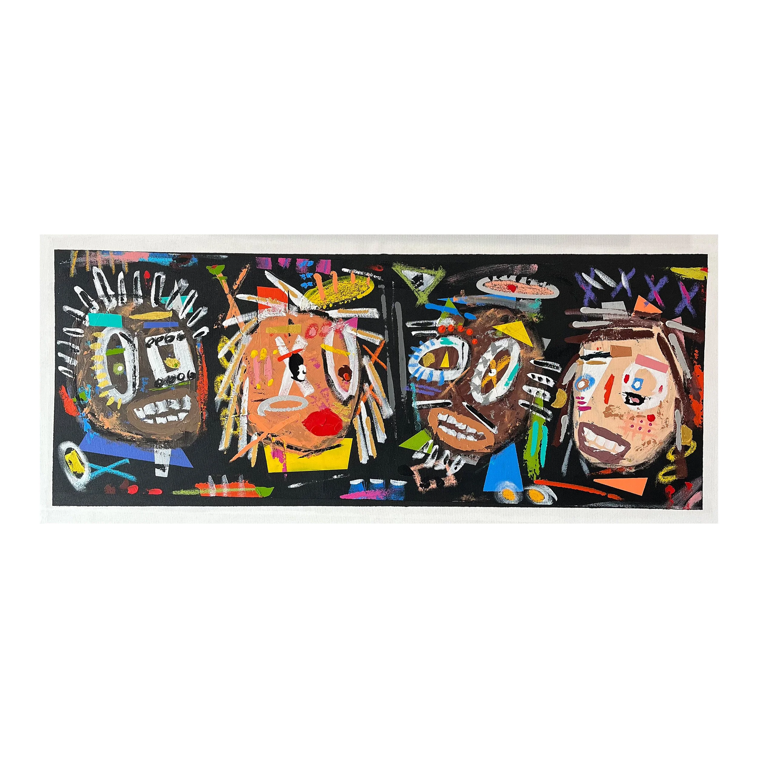 Colorful abstract artwork with various shapes, lines, and splashes of bright colors against a black background.