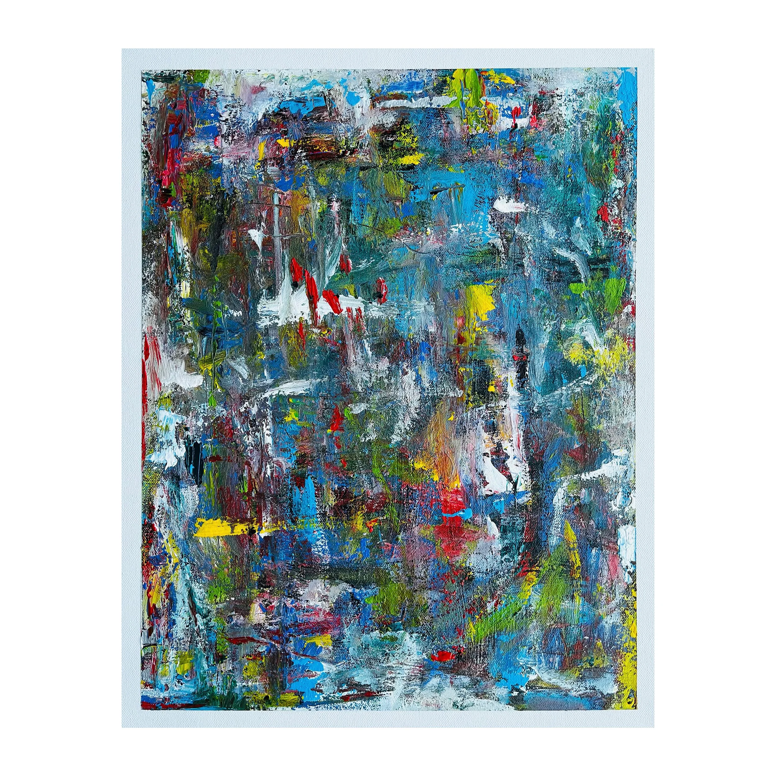 Abstract expressionist painting with vibrant layers of blue, red, yellow, green, black, and white paint creating a textured and dynamic composition.