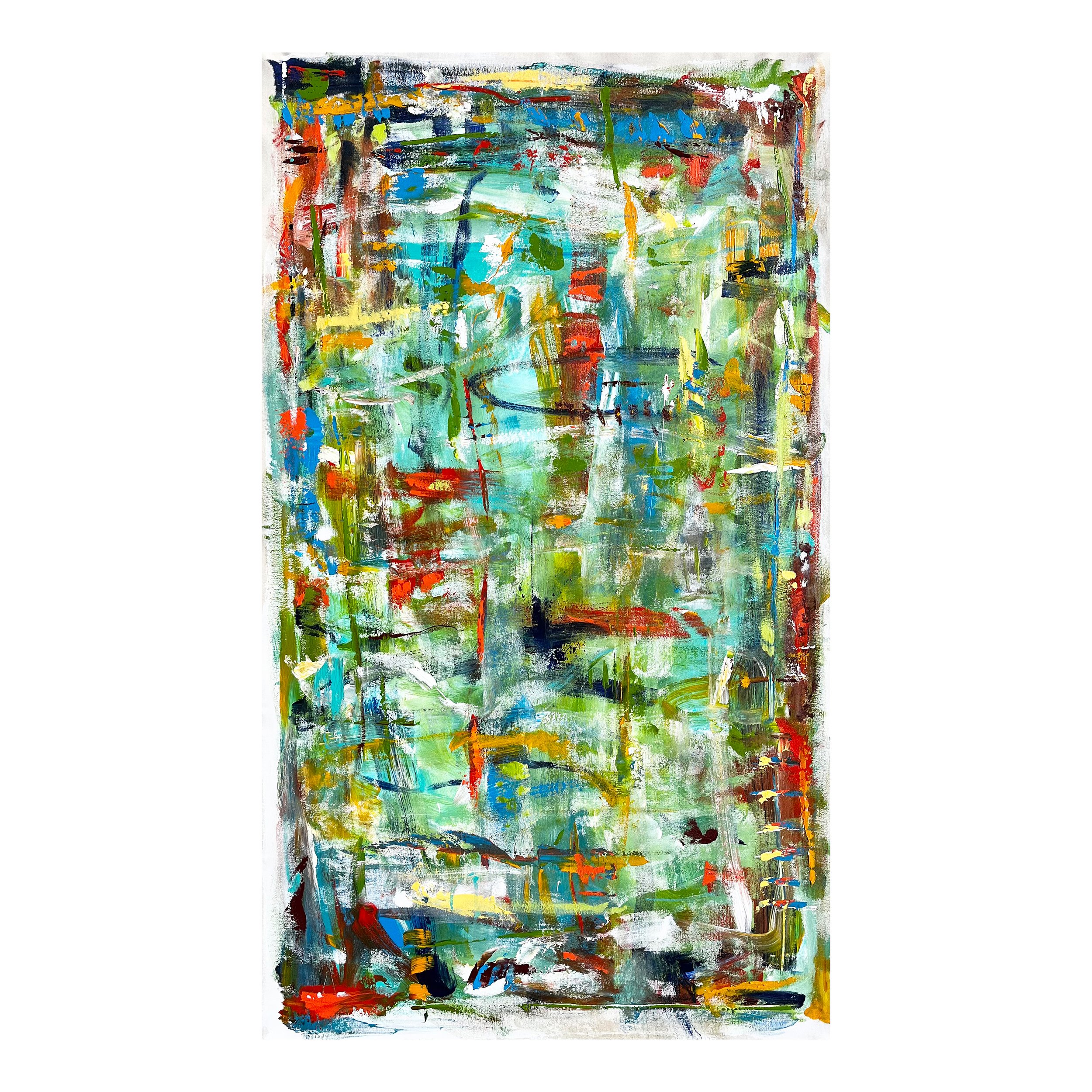 Abstract painting with vibrant colors including blue, green, red, yellow, and black, featuring bold brushstrokes and layered textures.