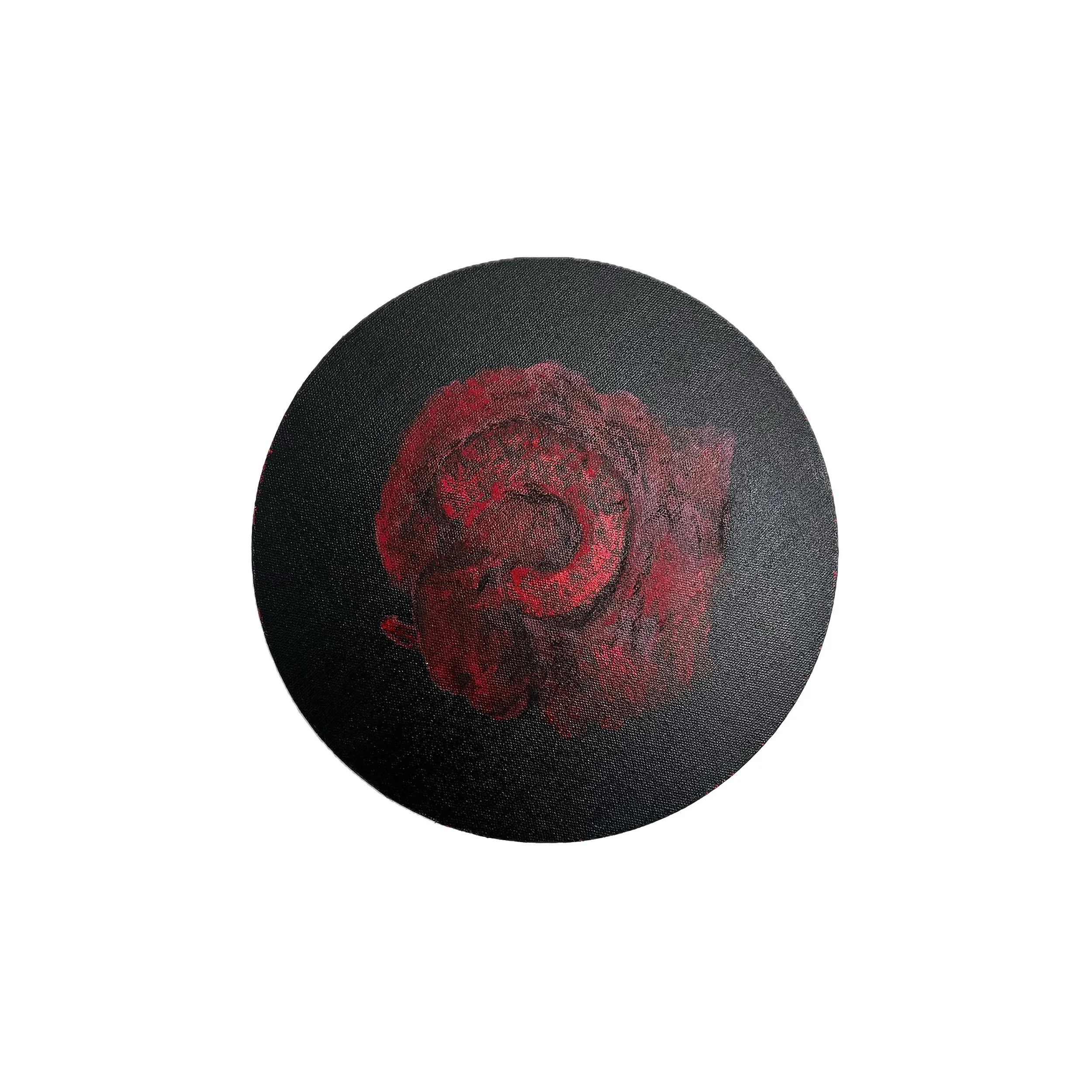 Close-up photograph of a black circular embroidery patch featuring a red and black skull design with roses.