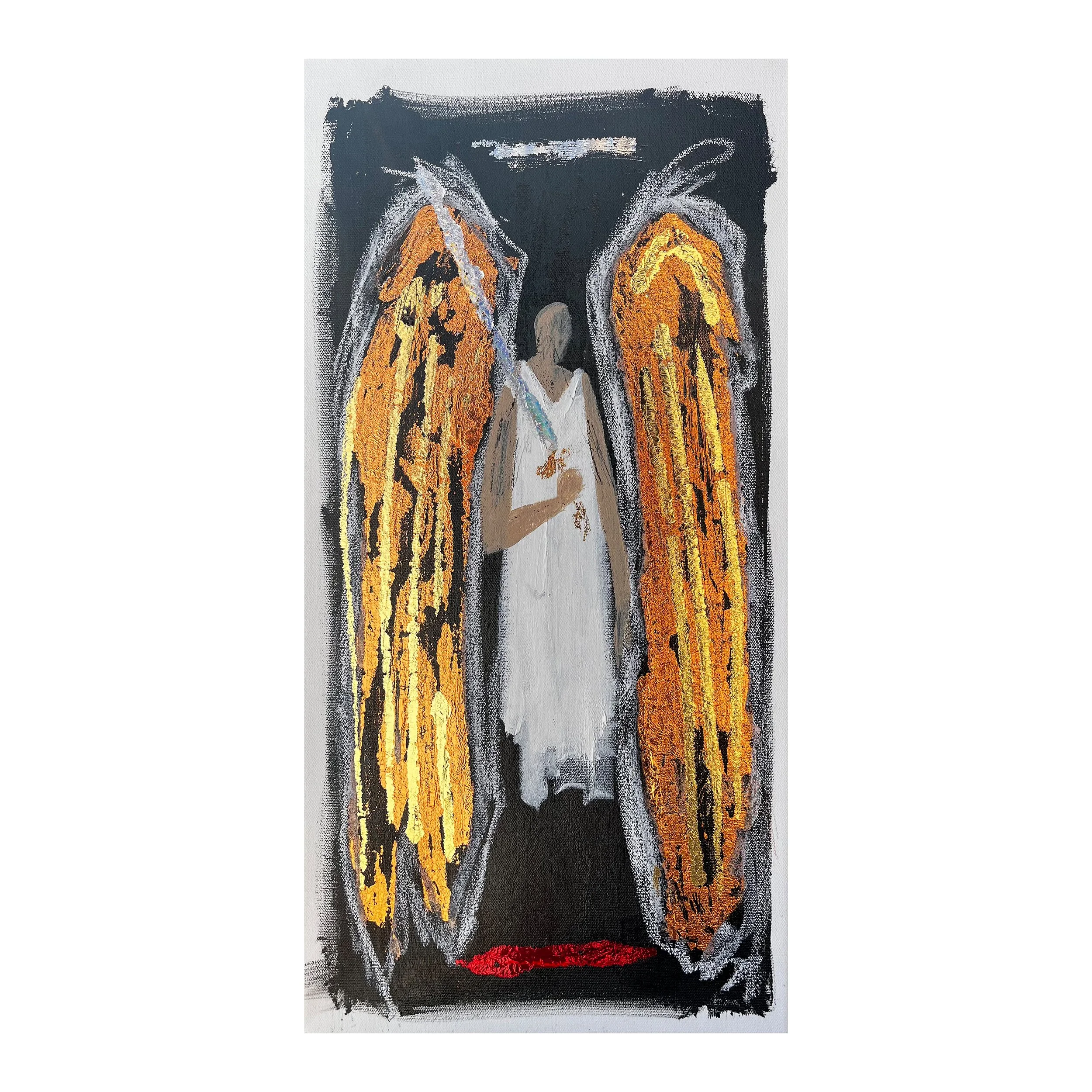 Abstract painting featuring a fragmented woman with orange and yellow wings and red lips, set against dark and textured background.