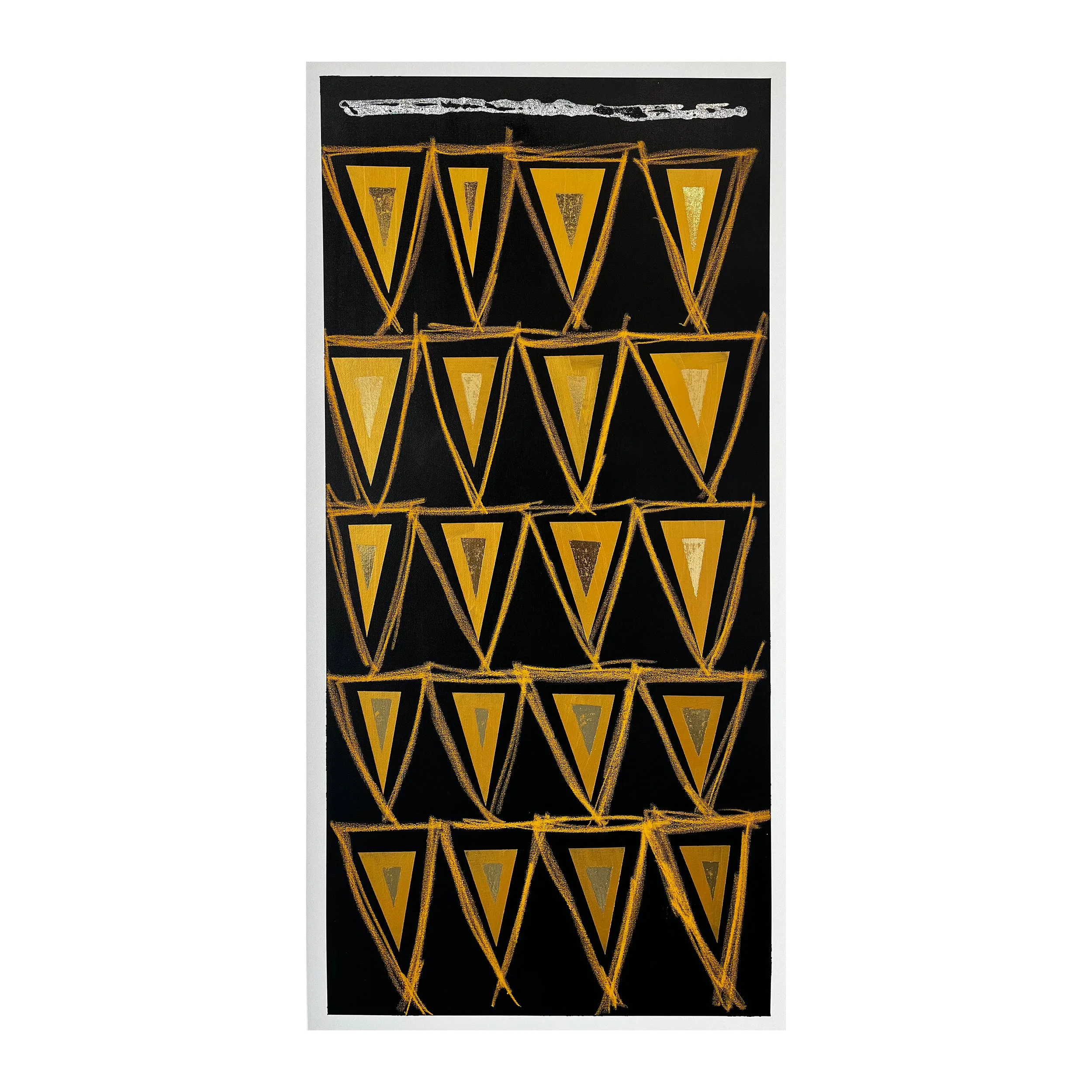 Abstract artwork featuring yellow triangular shapes and black lines on a dark background.