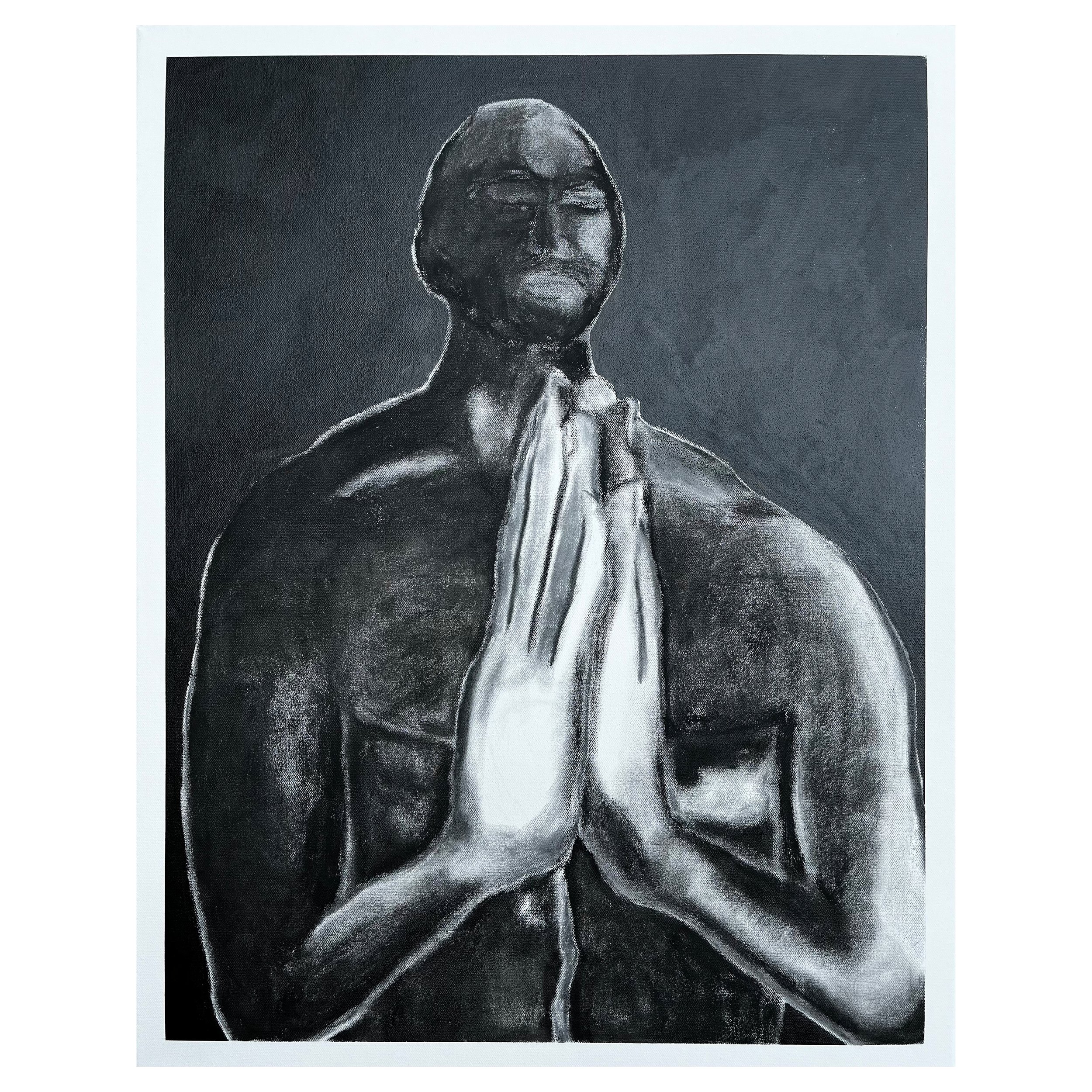 A monochrome drawing of a person with glasses, their hands pressed together in a prayer or meditation pose, set against a dark background.