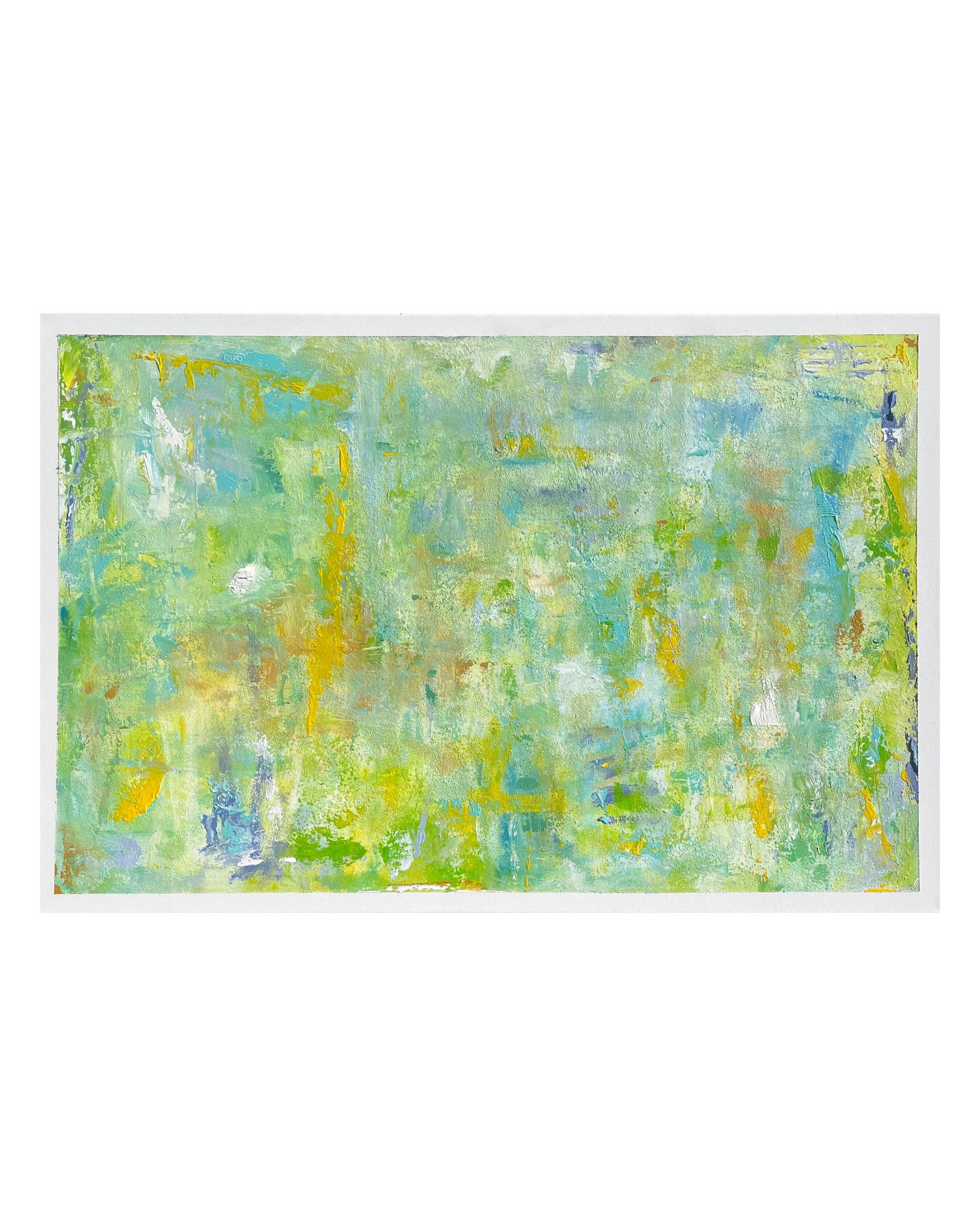 An abstract painting with green, yellow, blue, and white colors on canvas.