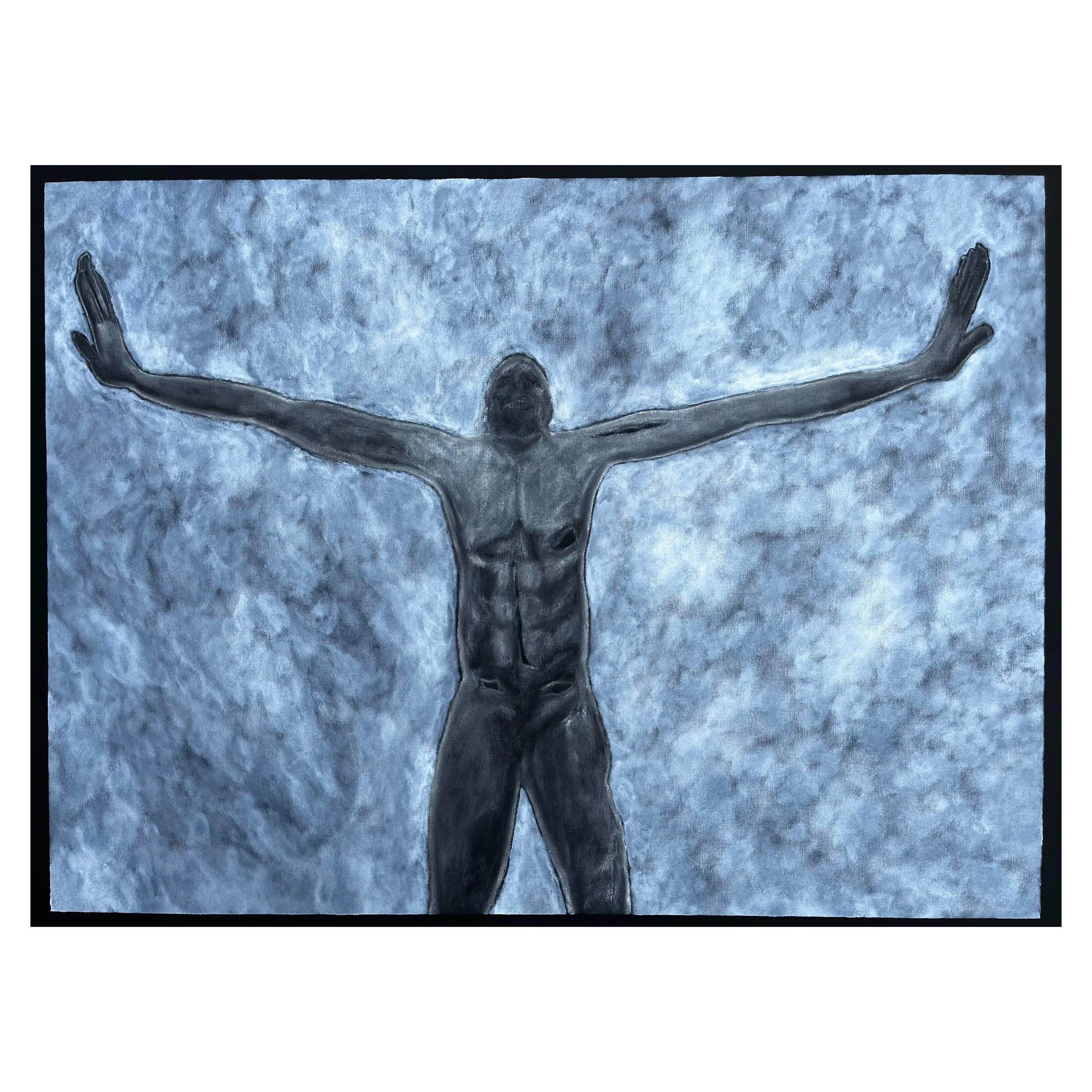 A watercolor painting of a human figure with outstretched arms seen from above, set against a textured blue background.