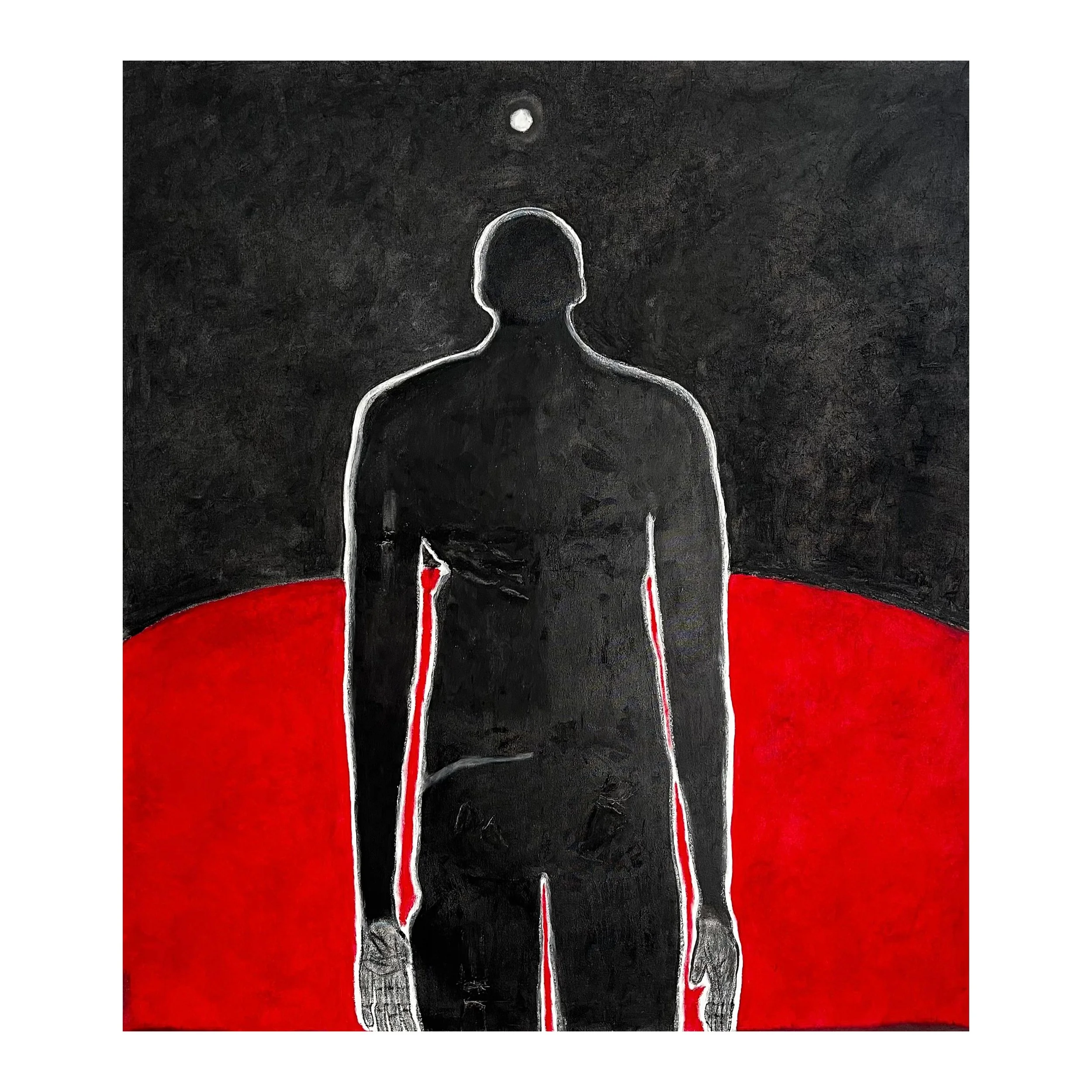 Abstract artwork of a human figure with an outline drawn in white on a black background, with a red curved shape at the bottom and a white dot above the head.