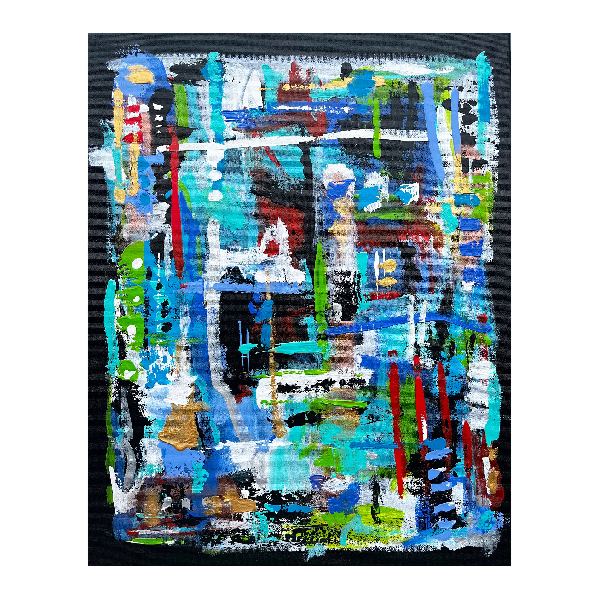 Abstract colorful painting with bold brushstrokes in shades of blue, black, white, red, green, and gold, on a black canvas background.