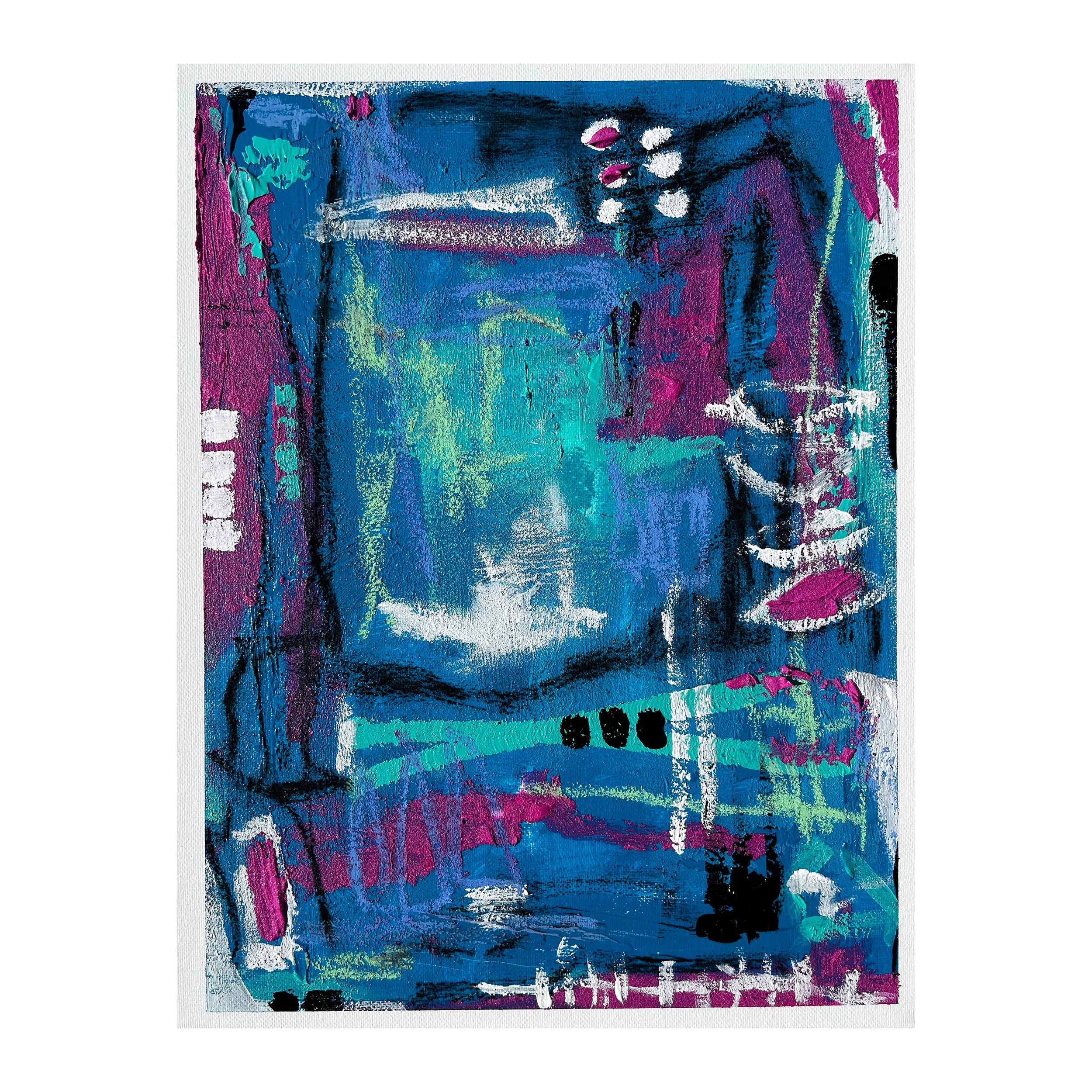 Abstract painting with dominant blue, purple, pink, green, and white colors, featuring layered textures, drips, and brushstrokes.