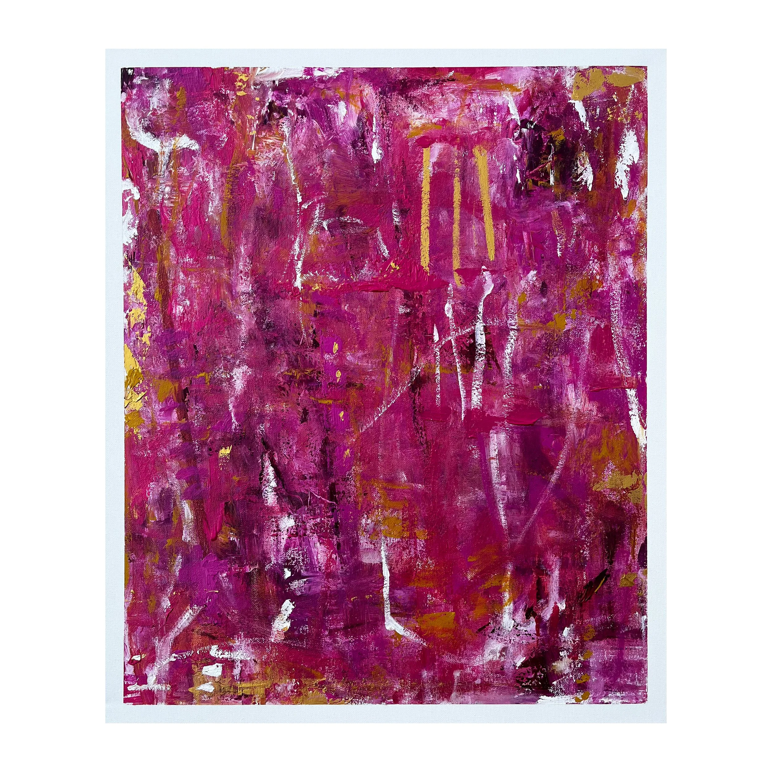 Abstract painting with prominent shades of pink, purple, white, and gold paint strokes.