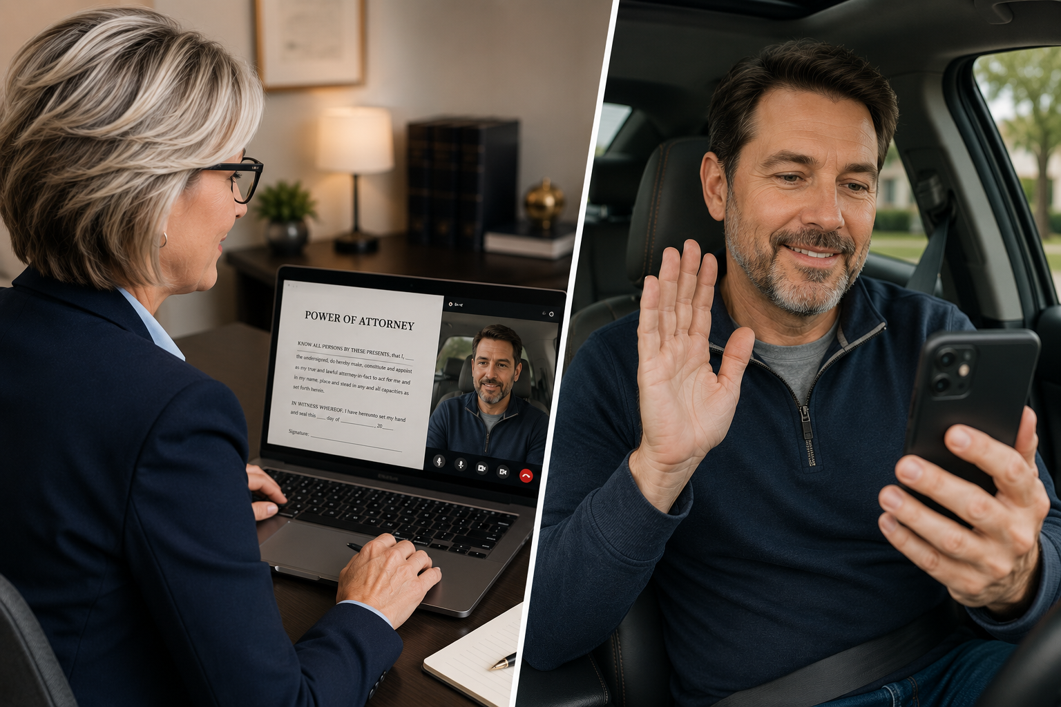 Arkansas Remote Online Notary conducting a secure video notarization of a power of attorney with a client joining by smartphone from a parked vehicle, demonstrating flexible, convenient document execution.